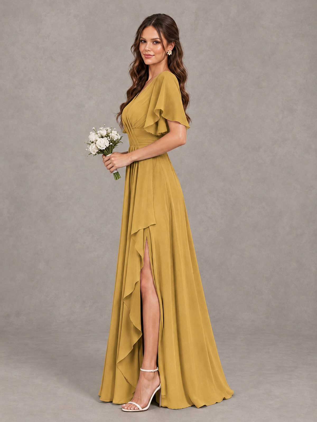 BOLODOO Gold Flutter Sleeve V-Neck Bridesmaid Dress with Ruffle Slit - Gold - Gold_4
