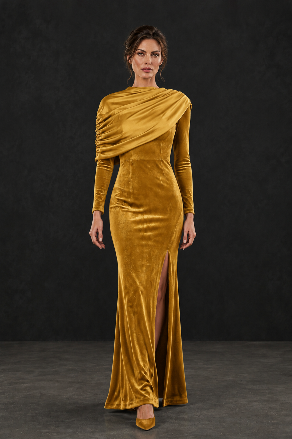 BOLODOO Gold Velvet Long Sleeve Draped Mother of the Bride Dress - Gold - Gold_4