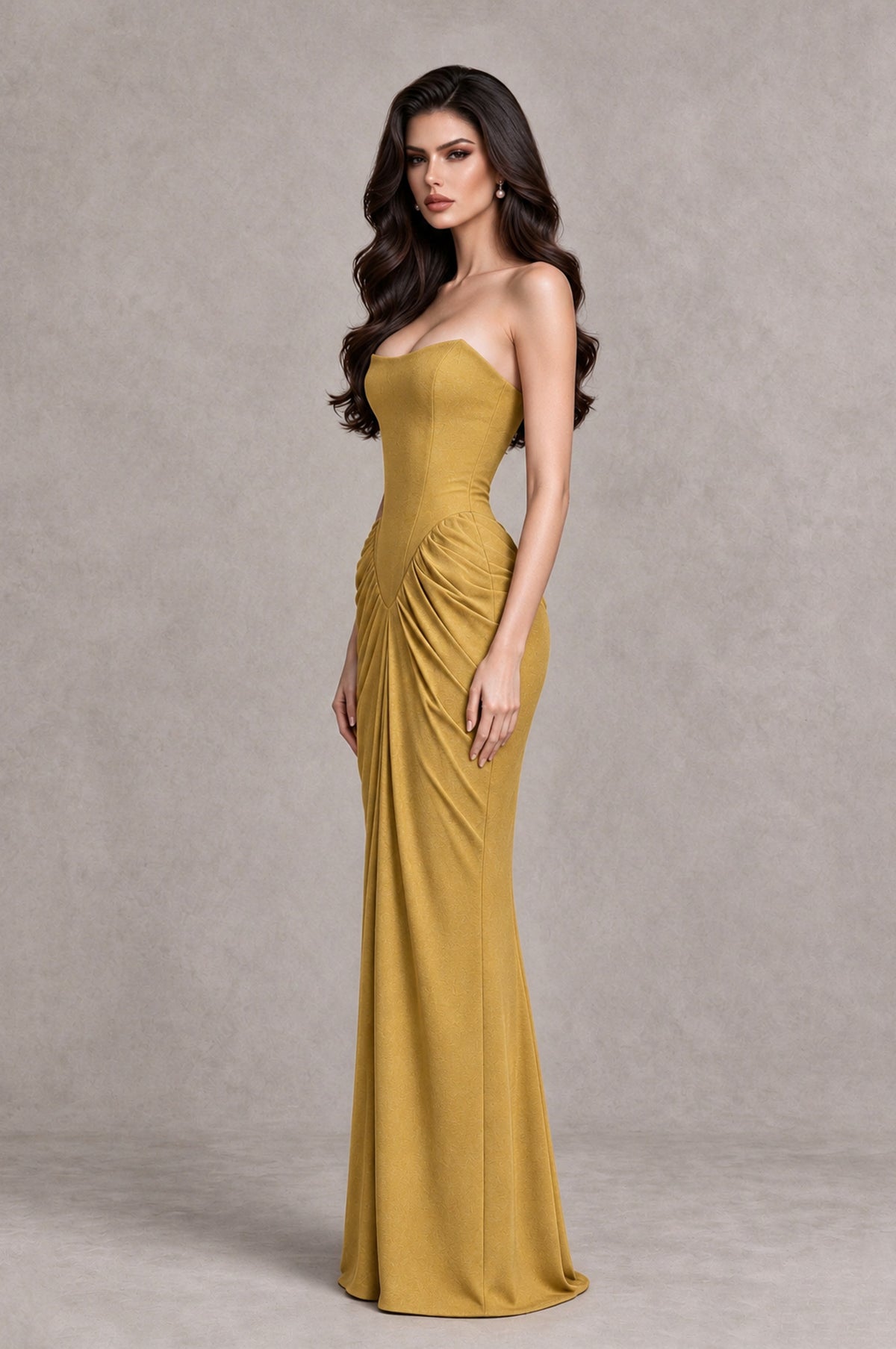 BOLODOO Gold Strapless Ruched Corset Evening Gown - Gold - Gold_4
