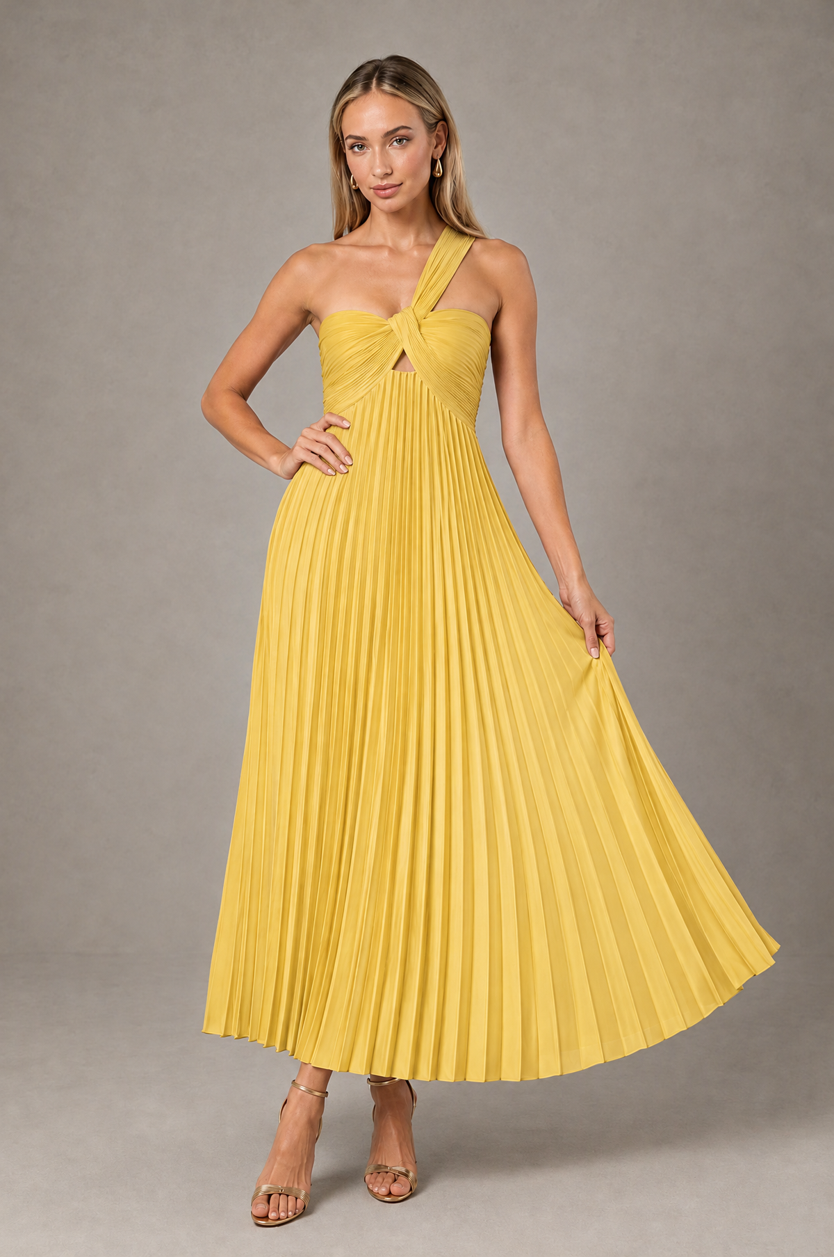 BOLODOO Gold One-Shoulder Twist Knot Pleated Satin Midi Dress with Cutout - Gold - Gold_4