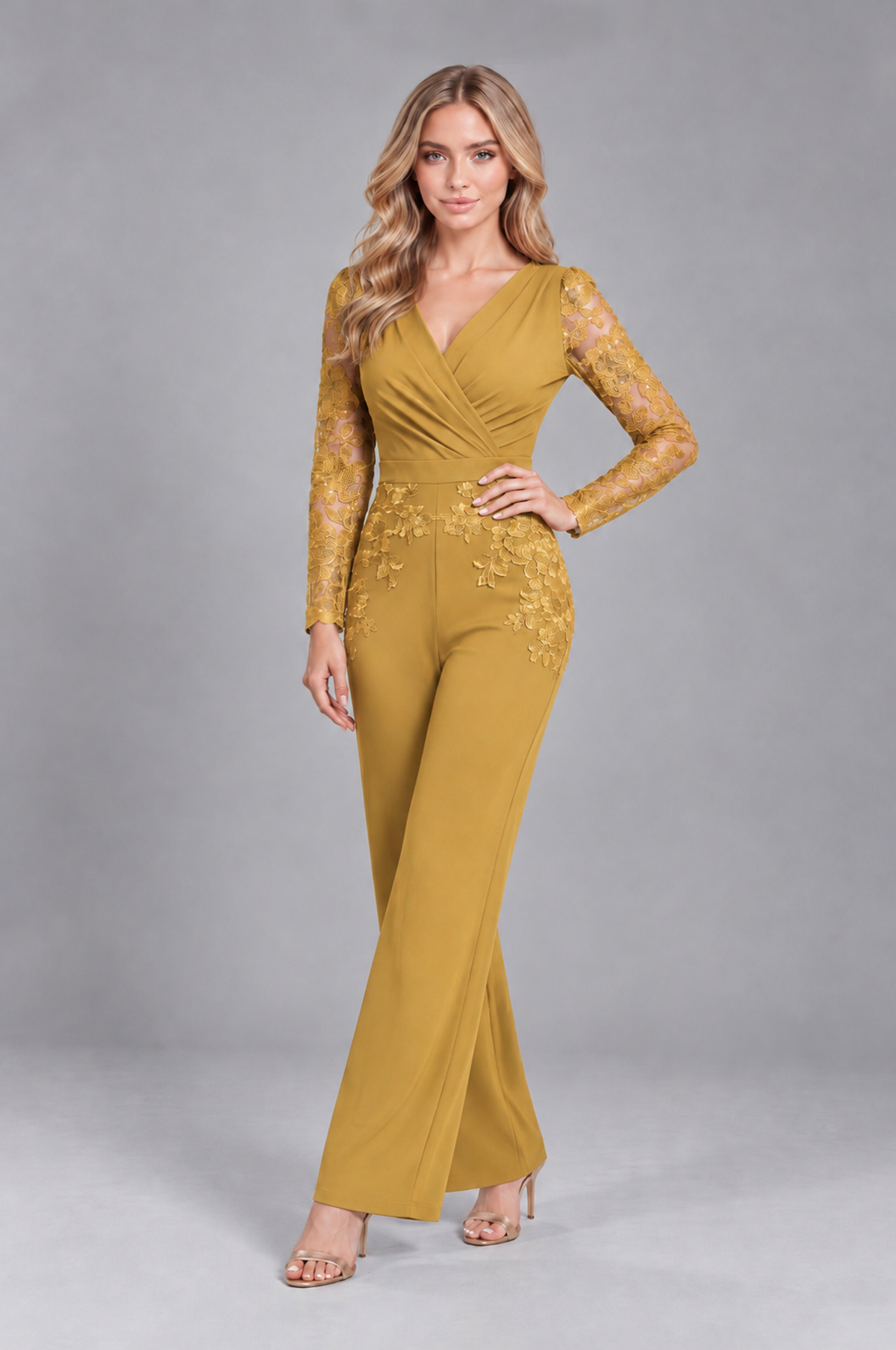 BOLODOO Gold Lace Long-Sleeve V-Neck Mother Pant Suit - Gold - Gold_4