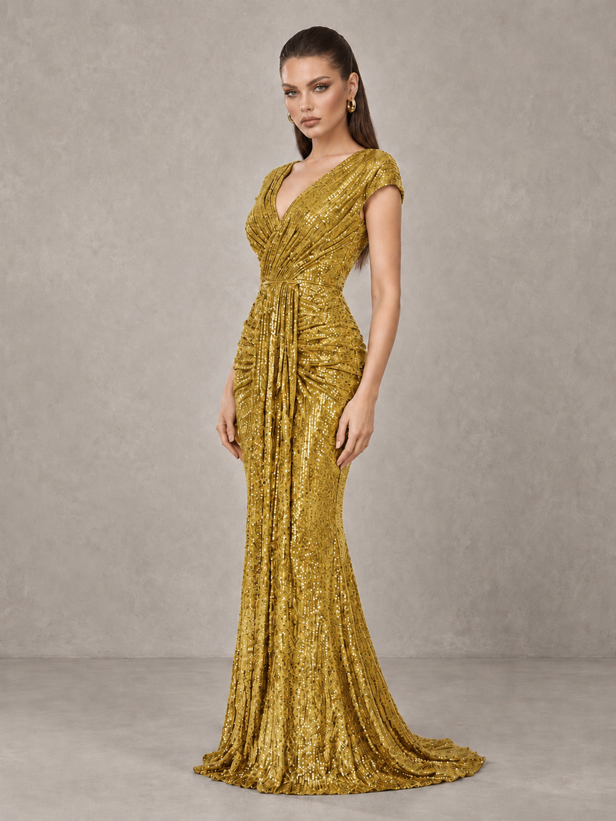 BOLODOO Gold Glitter V-Neck Cap Sleeve Ruched Mermaid Evening Gown - Gold - Gold_4