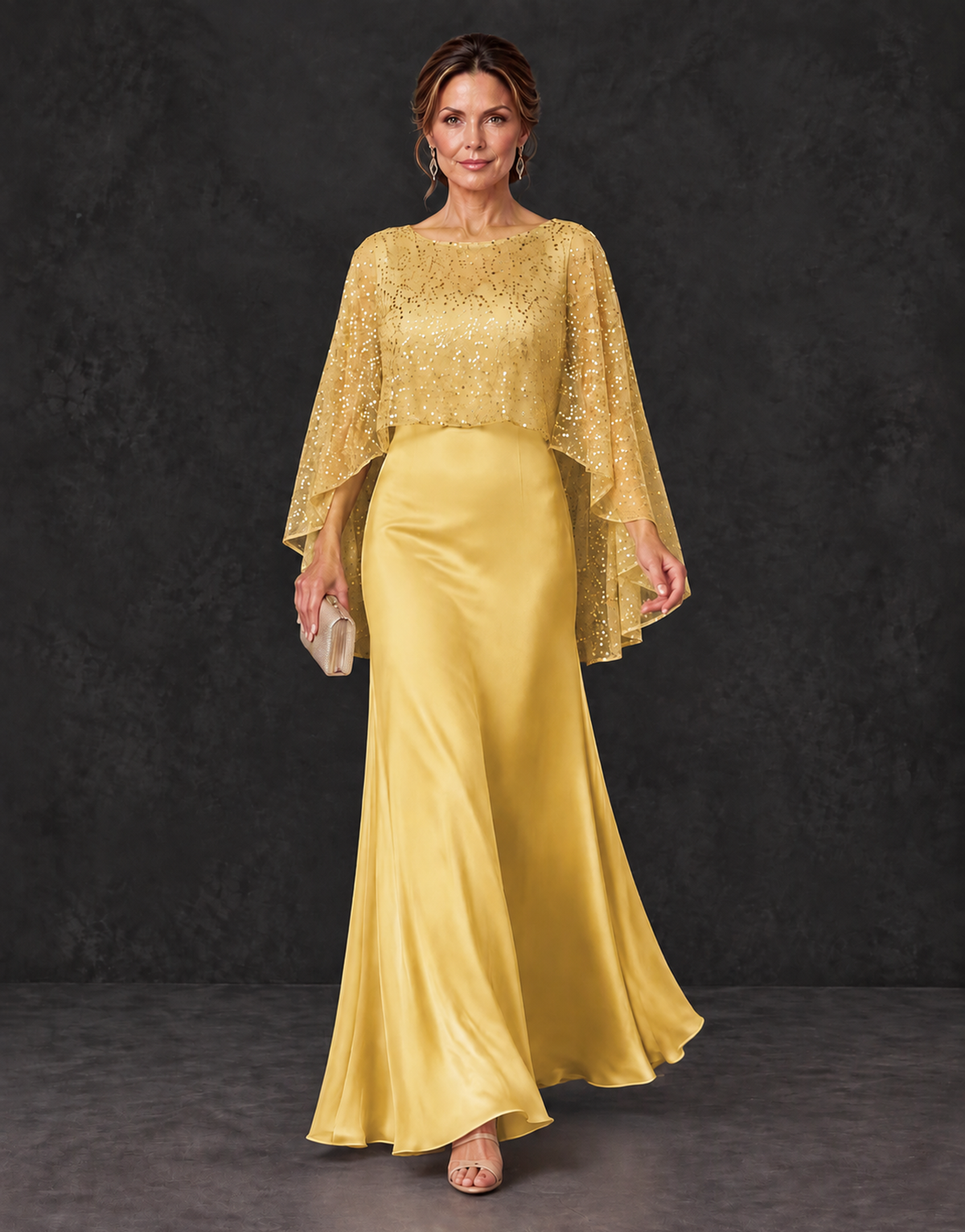 BOLODOO Gold Sparkle Cape Sleeve Mother of the Bride Dress - Gold - Gold_4