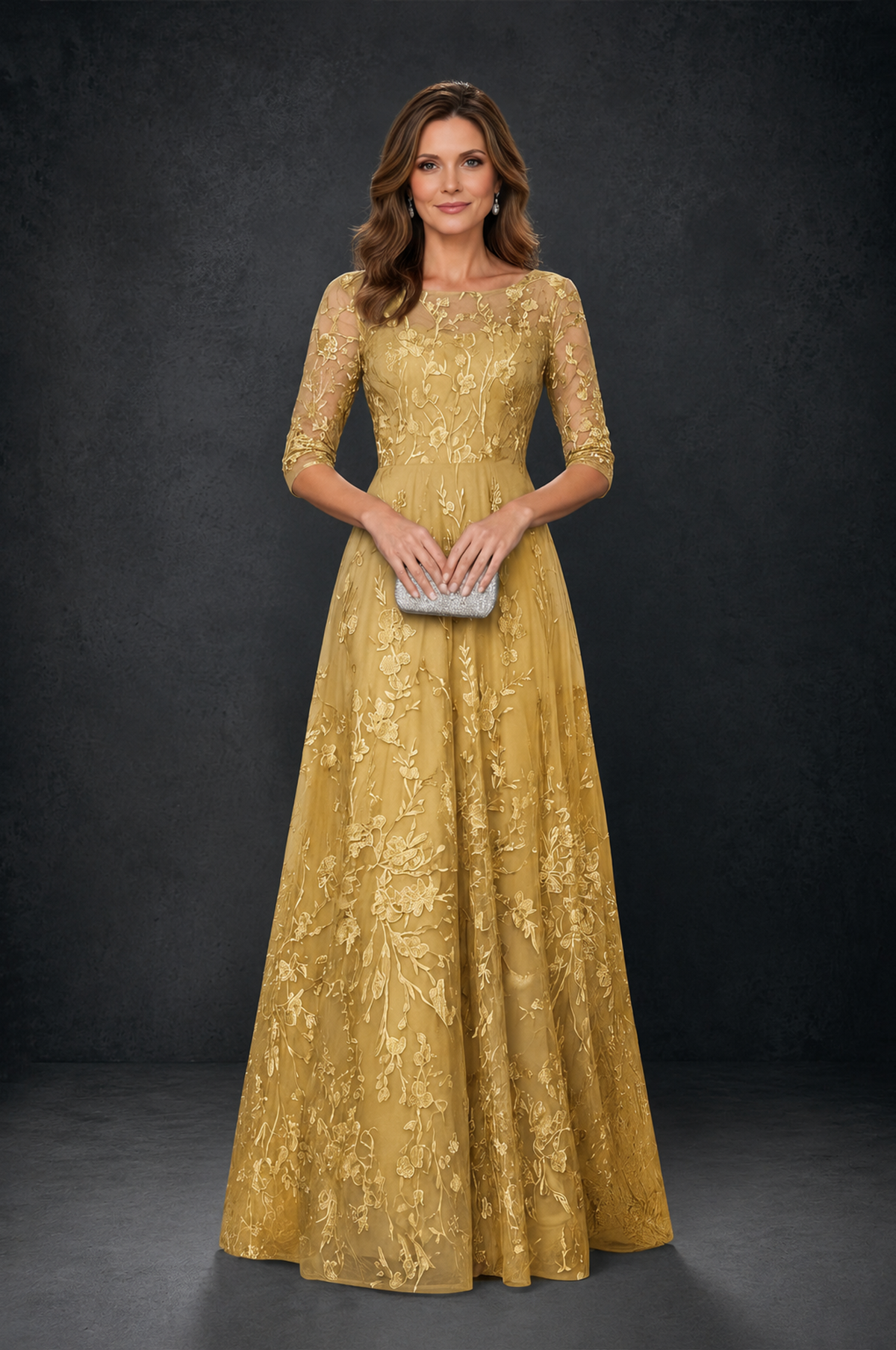 BOLODOO Gold Illusion Bateau Neck 3/4 Sleeve Floral Lace A-Line Mother of the Bride Dress MX007 - Gold - Gold_4