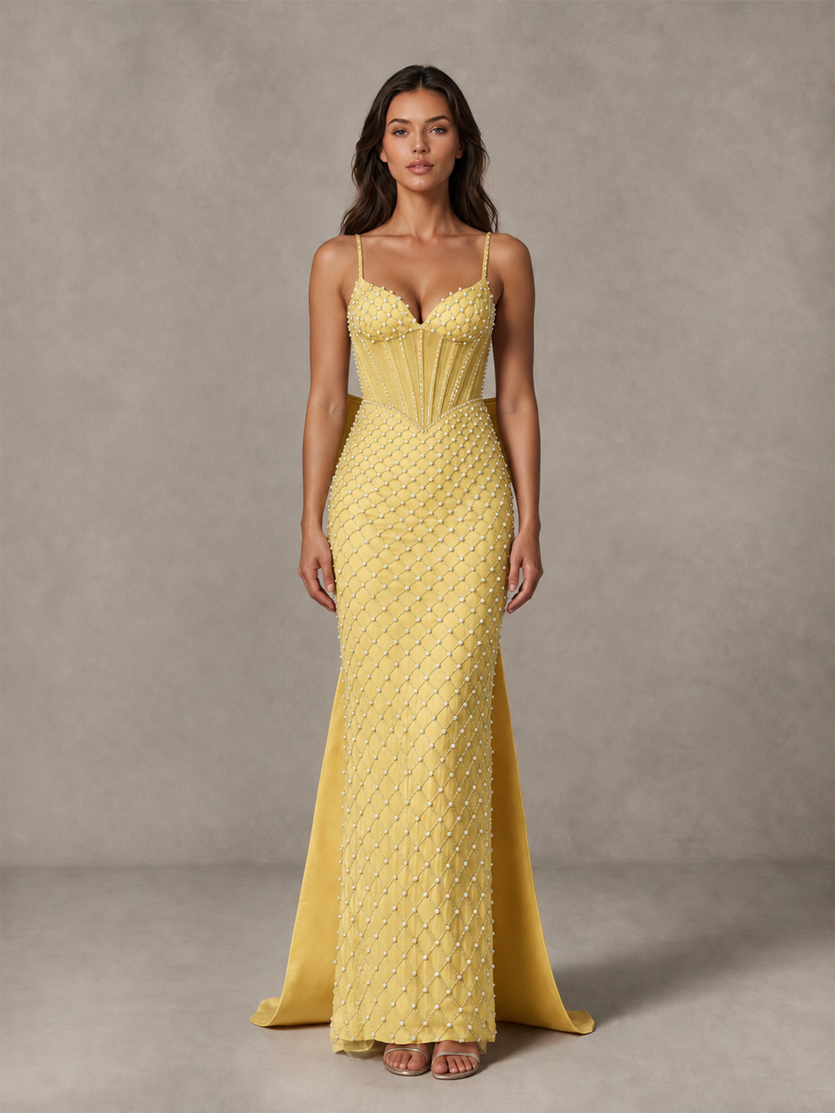 BOLODOO Gold Beaded Corset Prom Dress with Bow Train - Gold - Gold_4