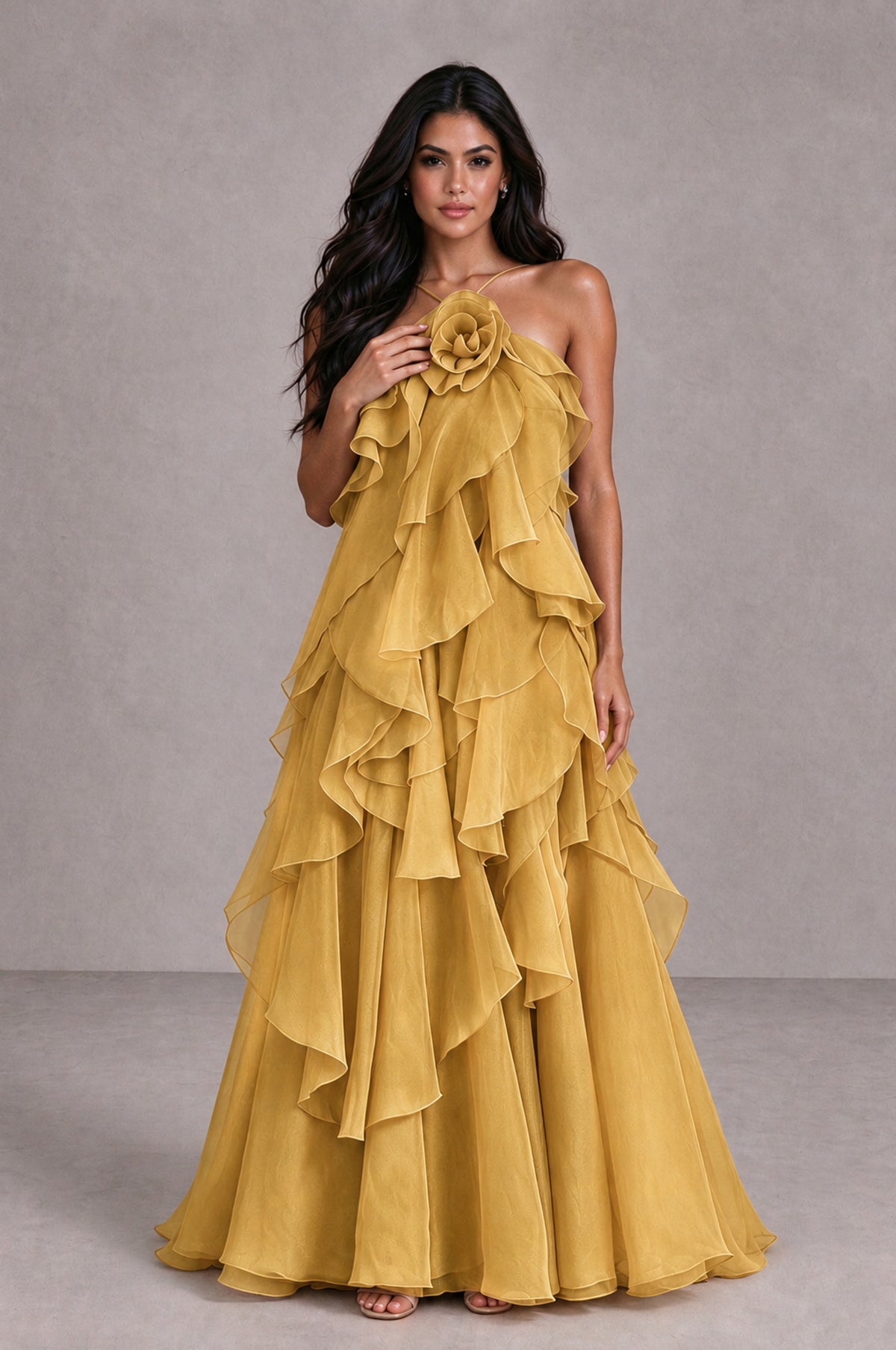 BOLODOO Gold Cascading Ruffle Rosette Open-Back Maxi Dress - Gold - Gold_4