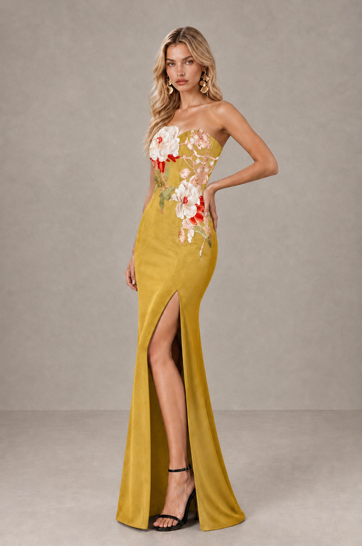 BOLODOO Gold Strapless Floral Mermaid Evening Dress with Slit - Gold - Gold_4