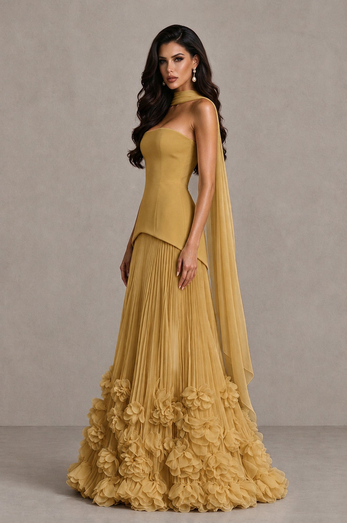 BOLODOO Gold Strapless Pleated Floral Hem Evening Gown - Gold - Gold_4