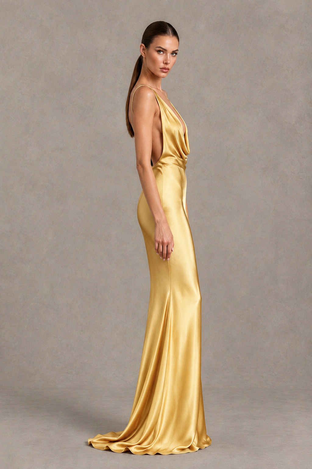 BOLODOO Gold Cowl Neck Backless Satin Mermaid Evening Dress - Gold - Gold_4