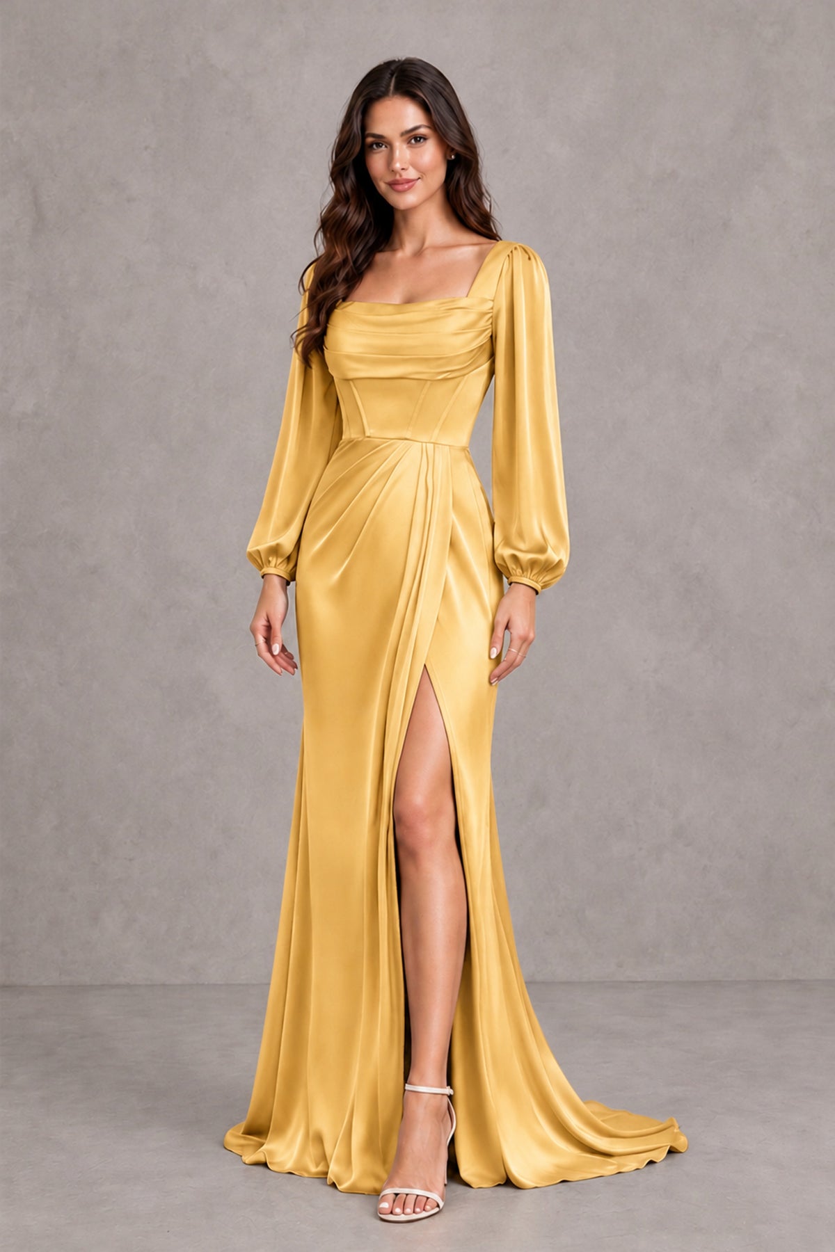BOLODOO Gold Satin-Look Long Sleeve Evening Dress with High Slit - Gold - Gold_4