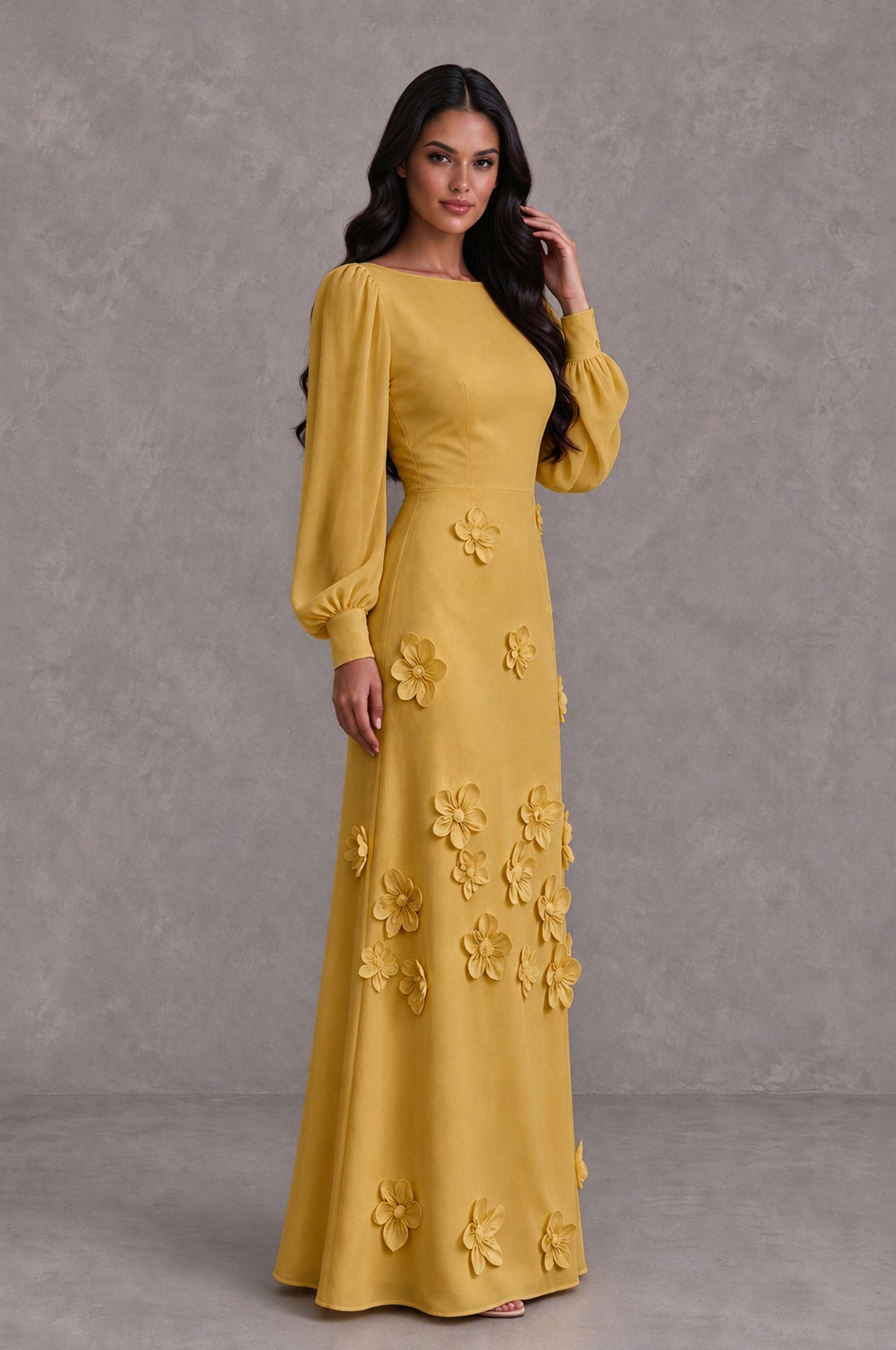 BOLODOO Gold Long Sleeve Floral Applique A-Line Evening Dress - Gold - Gold_4