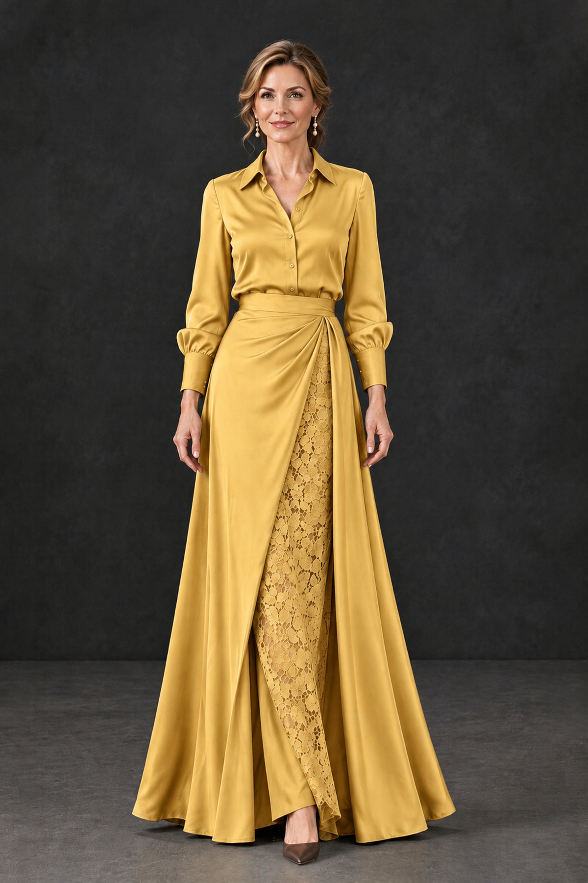 BOLODOO Gold Long Sleeve Satin-Look Lace Panel Gown - Gold - Gold_4