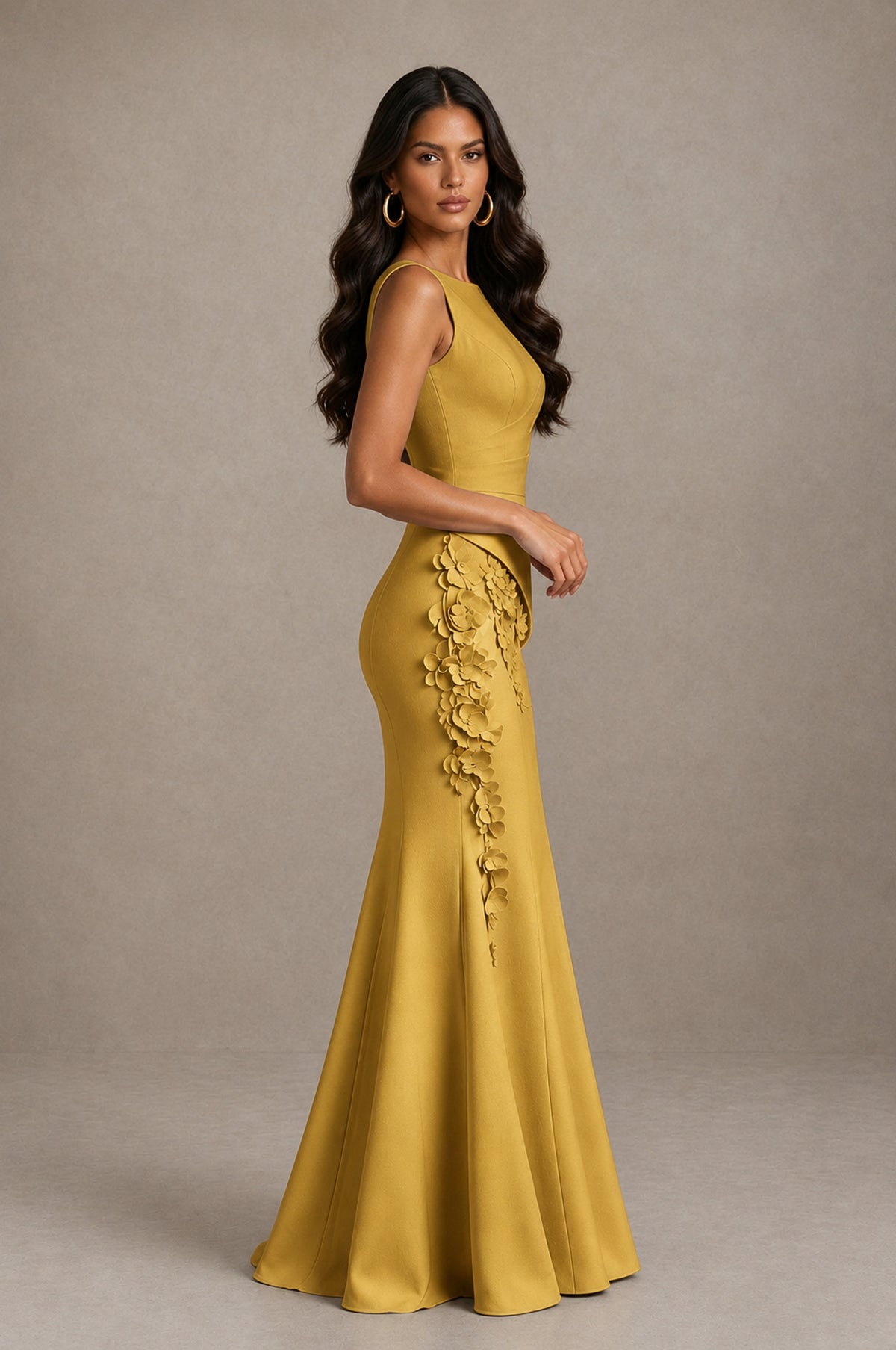 BOLODOO Gold Bateau Neck Sleeveless Asymmetric Peplum 3D Petal Appliqué Mermaid Gown BD0421 - Gold - Gold_4