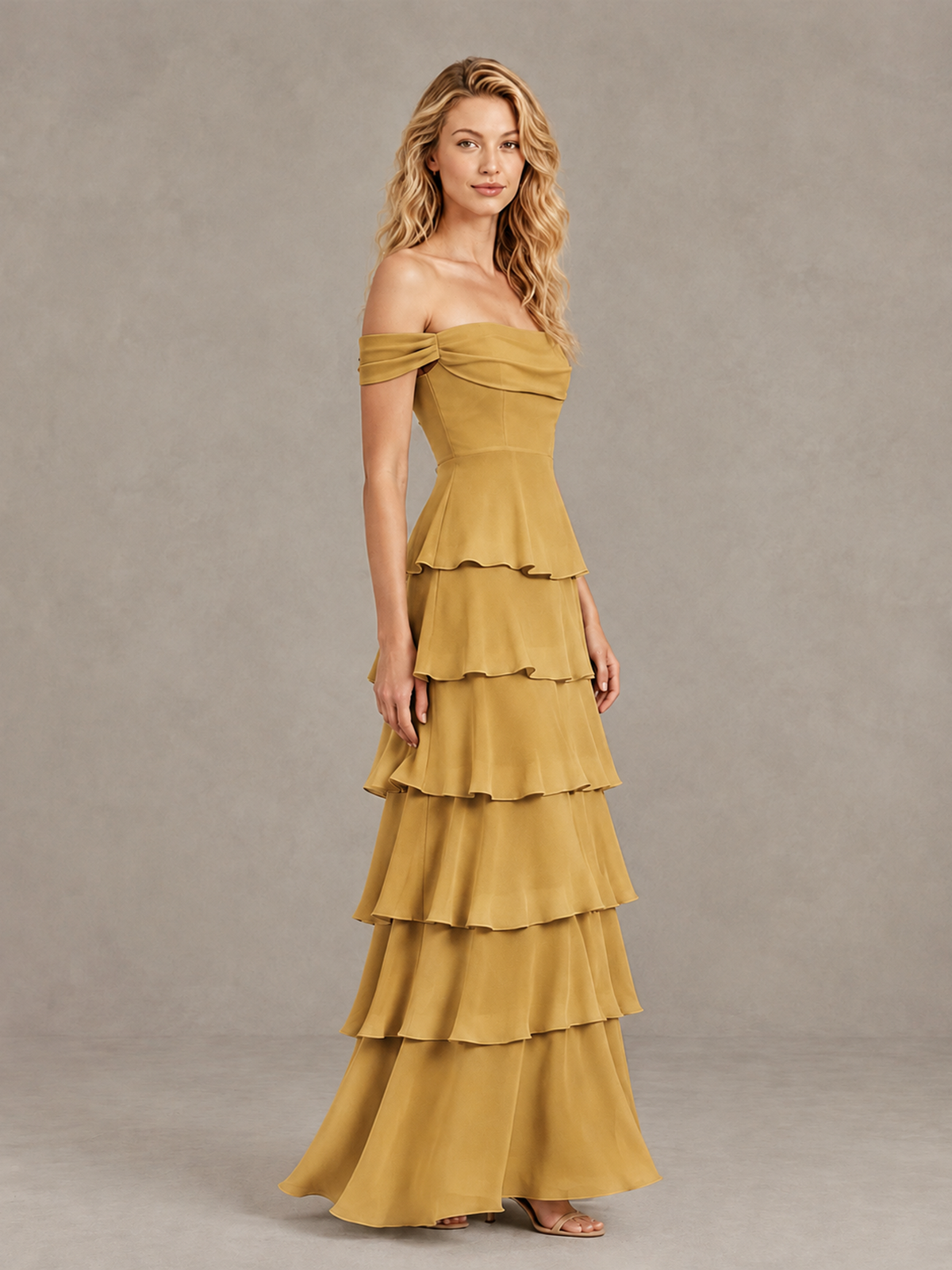 BOLODOO Gold Off-Shoulder Tiered Ruffle Bridesmaid Dress with Lace-Up Back - Gold - Gold_4