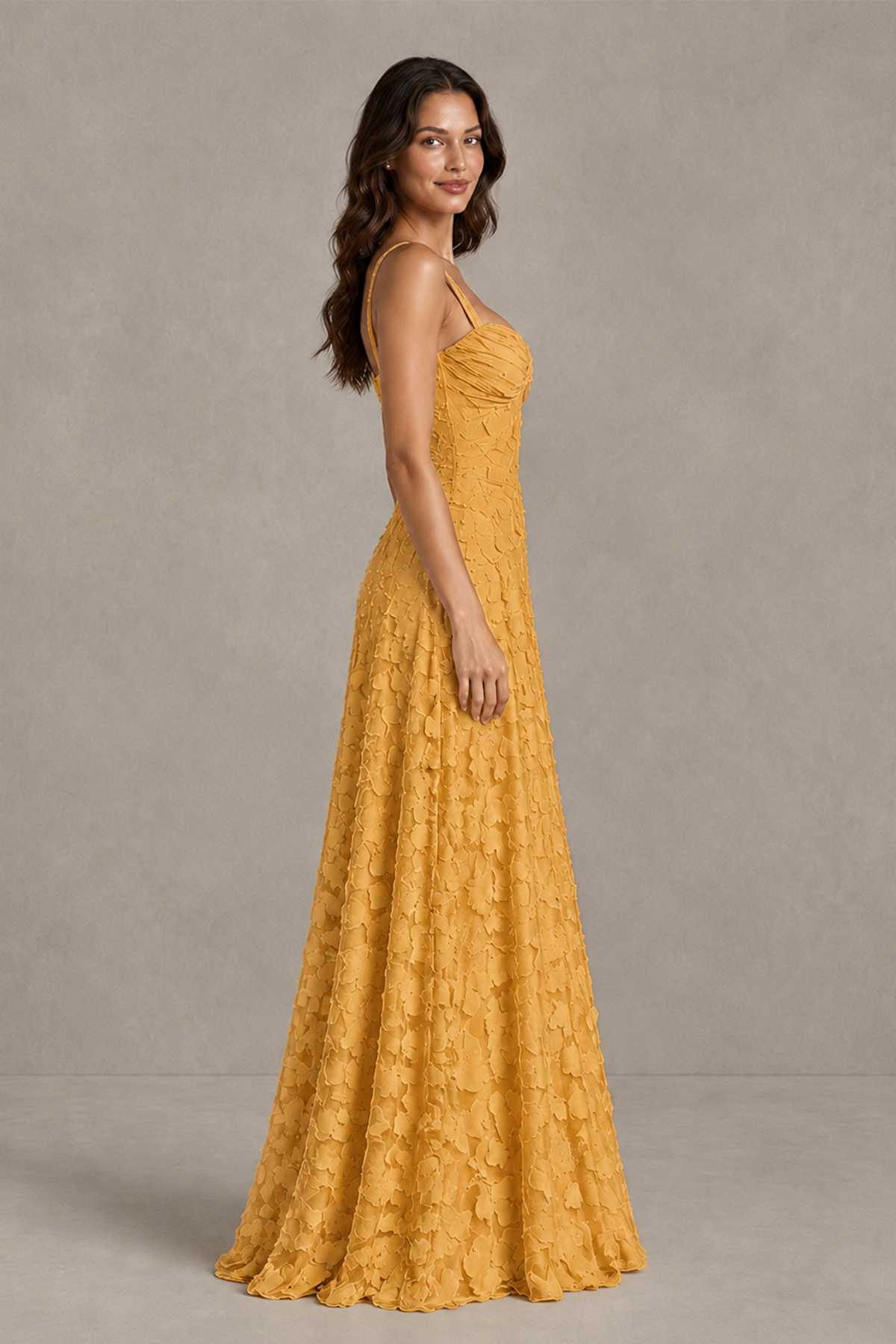 BOLODOO Gold Floral-Textured A-Line Dress with Lace-Up Back - Gold - Gold_4
