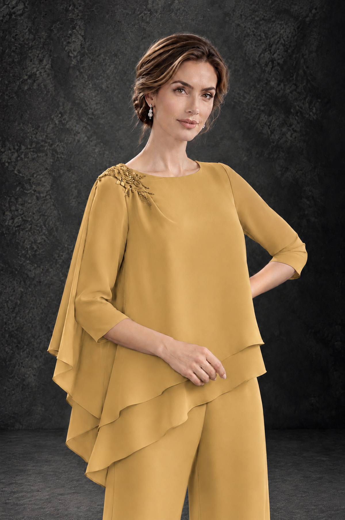 BOLODOO Gold Layered Wide-Leg Mother of the Bride Pant Suit - Gold - Gold_4
