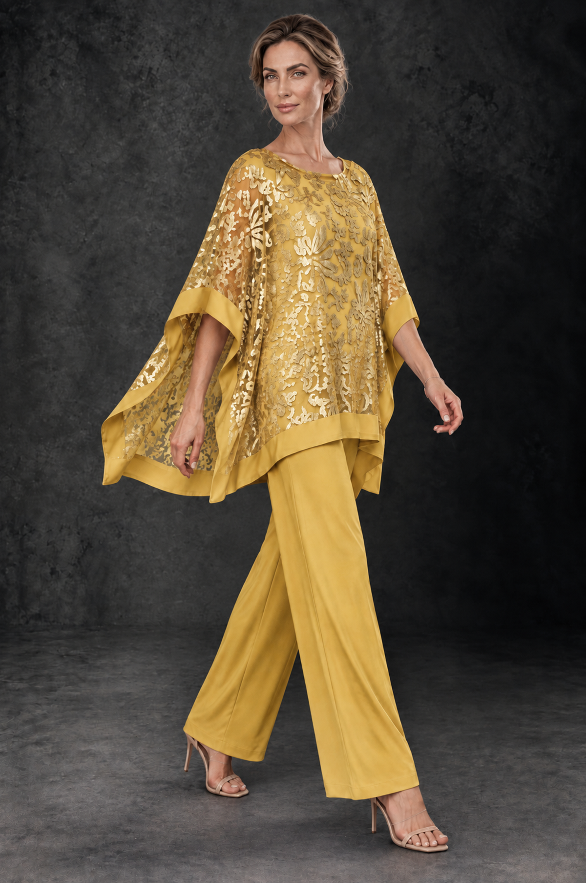 BOLODOO Gold Floral Cape Mother of the Bride Pant Suit - Gold - Gold_4