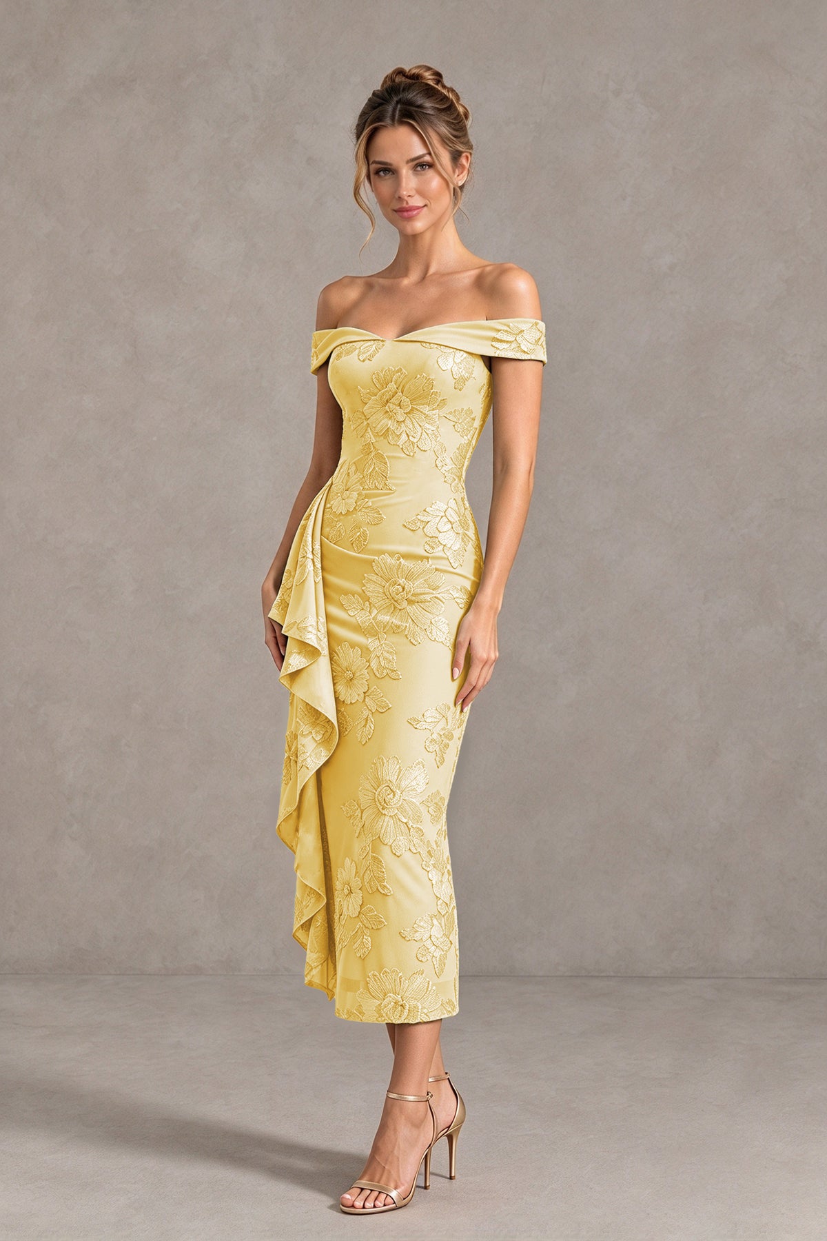 BOLODOO Gold Off Shoulder Floral Jacquard Midi Dress - Gold - Gold(4)