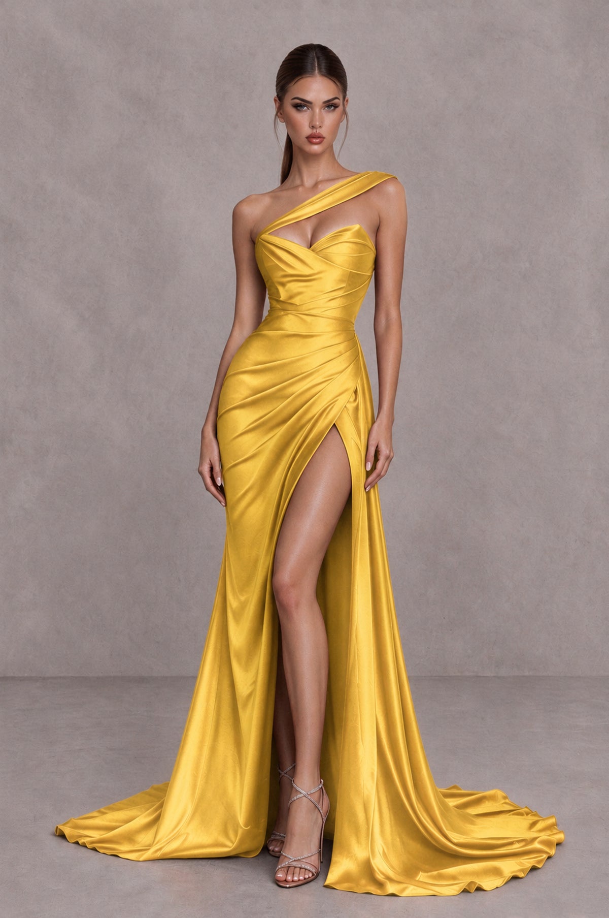 BOLODOO Gold One Shoulder Satin Mermaid Evening Dress with Ruched Slit Skirt - Gold - Gold_4