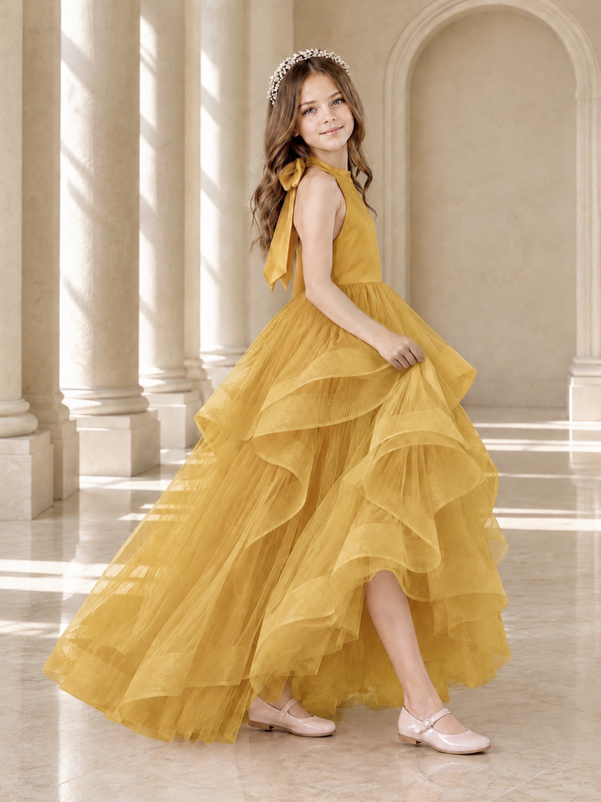 BOLODOO Gold Halter Tiered Tulle Flower Girl Dress with Bow Back - Gold - Gold_4