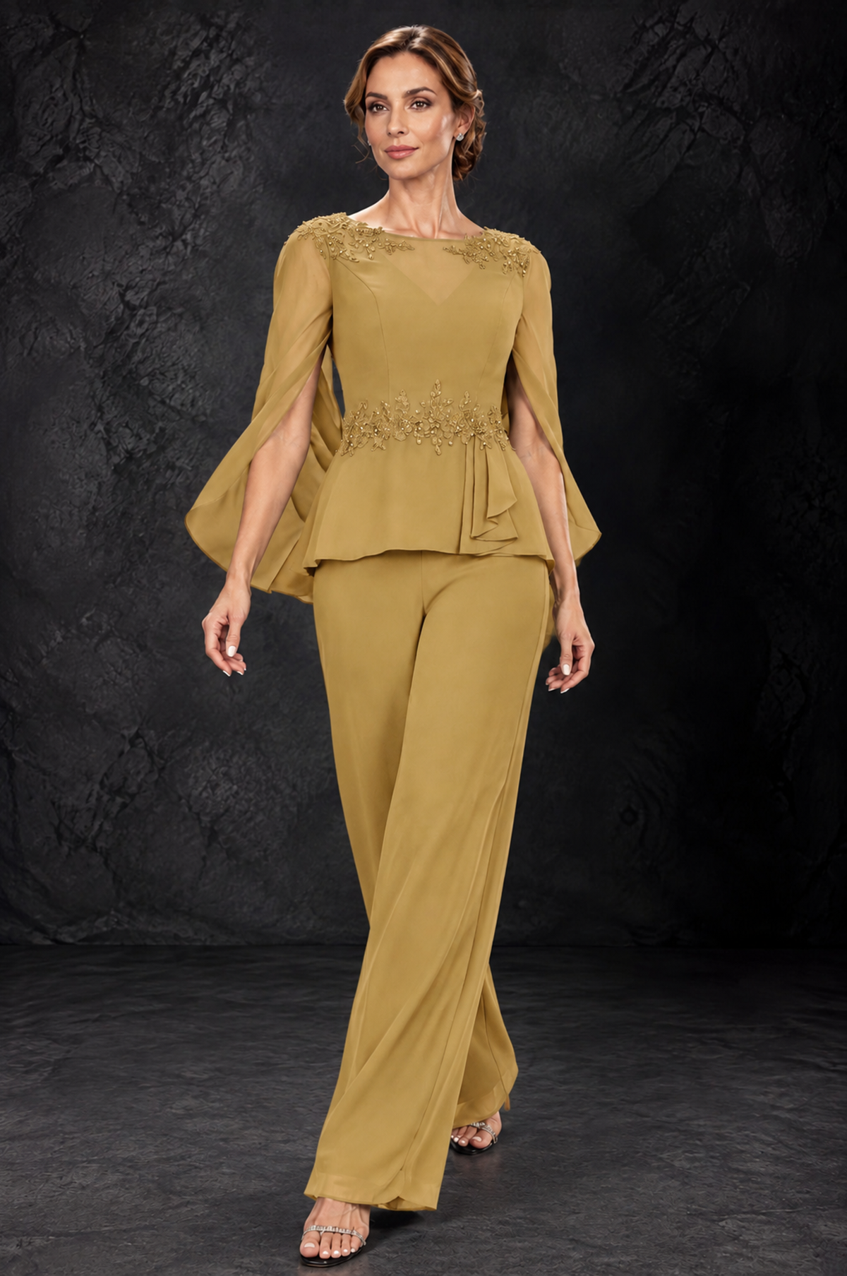 BOLODOO Gold Embellished Cape Sleeve Mother of the Bride Pantsuit - Gold - Gold_4
