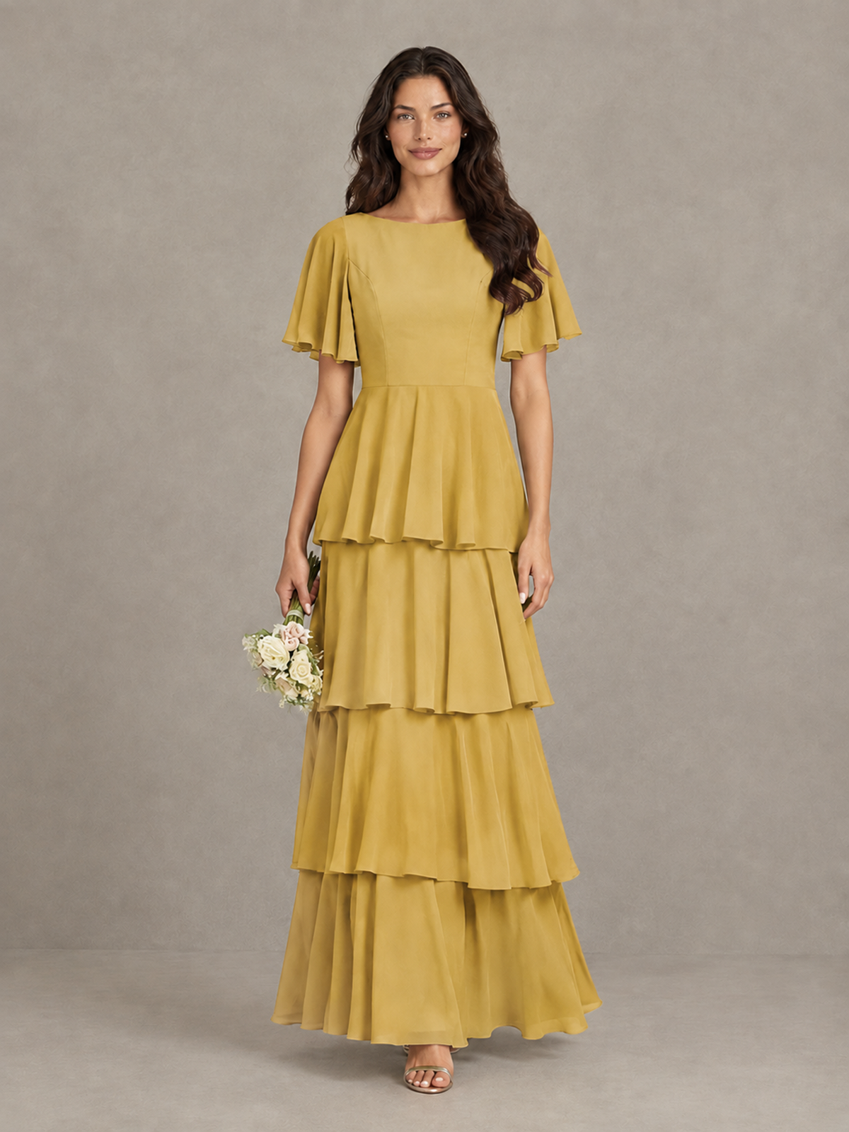 BOLODOO Gold Tiered Flutter Sleeve Bridesmaid Dress - Gold - Gold_4