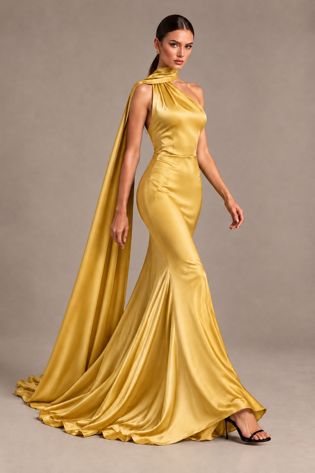 BOLODOO Gold One-Shoulder Satin Mermaid Evening Dress with Scarf - Gold - Gold_4