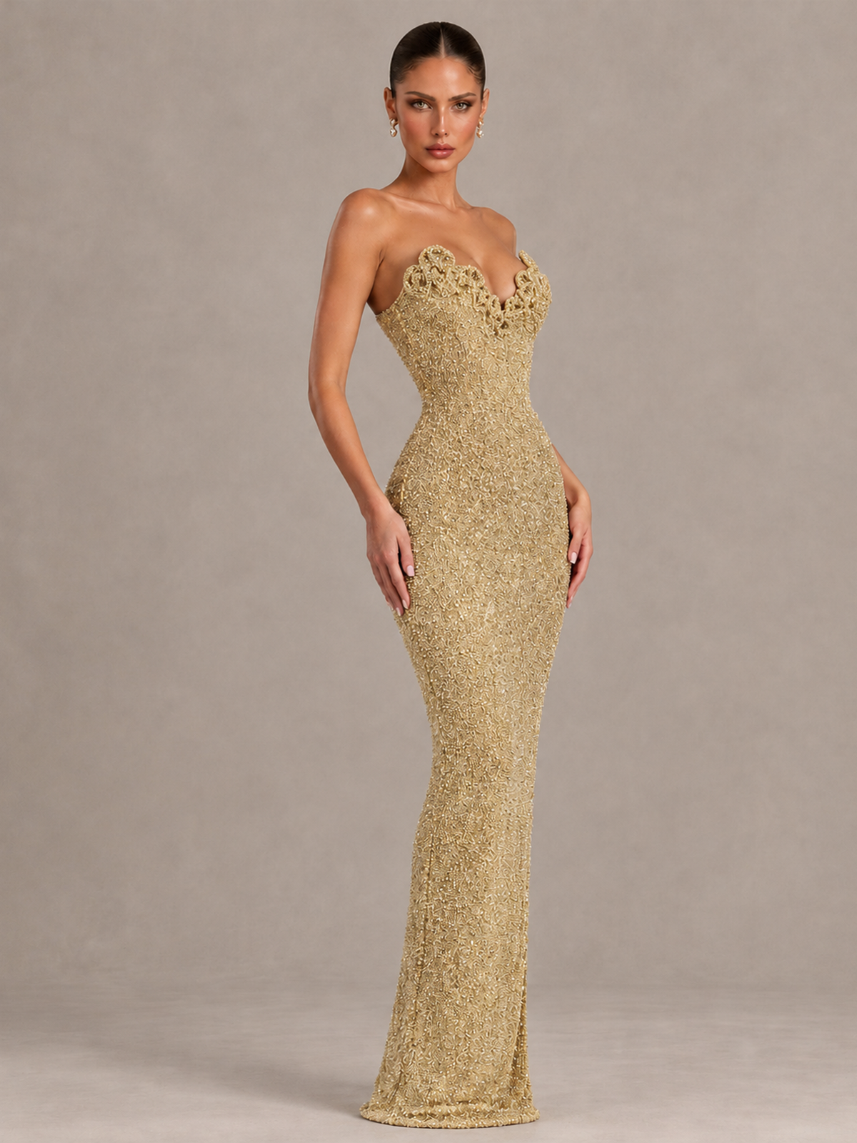 BOLODOO Gold Strapless Sequin Evening Gown with Floral Neckline - Gold - Gold_4