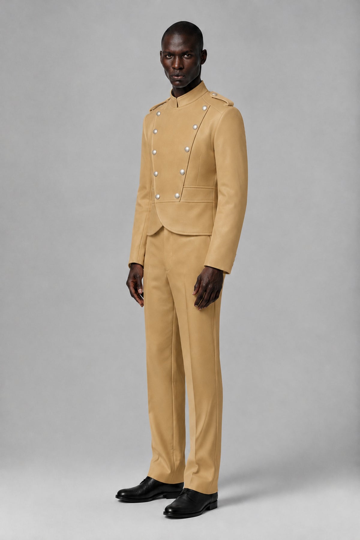 Bolodoo Men's Gold Military-Inspired Two-Piece Suit with Stand Collar - Gold - Gold_4