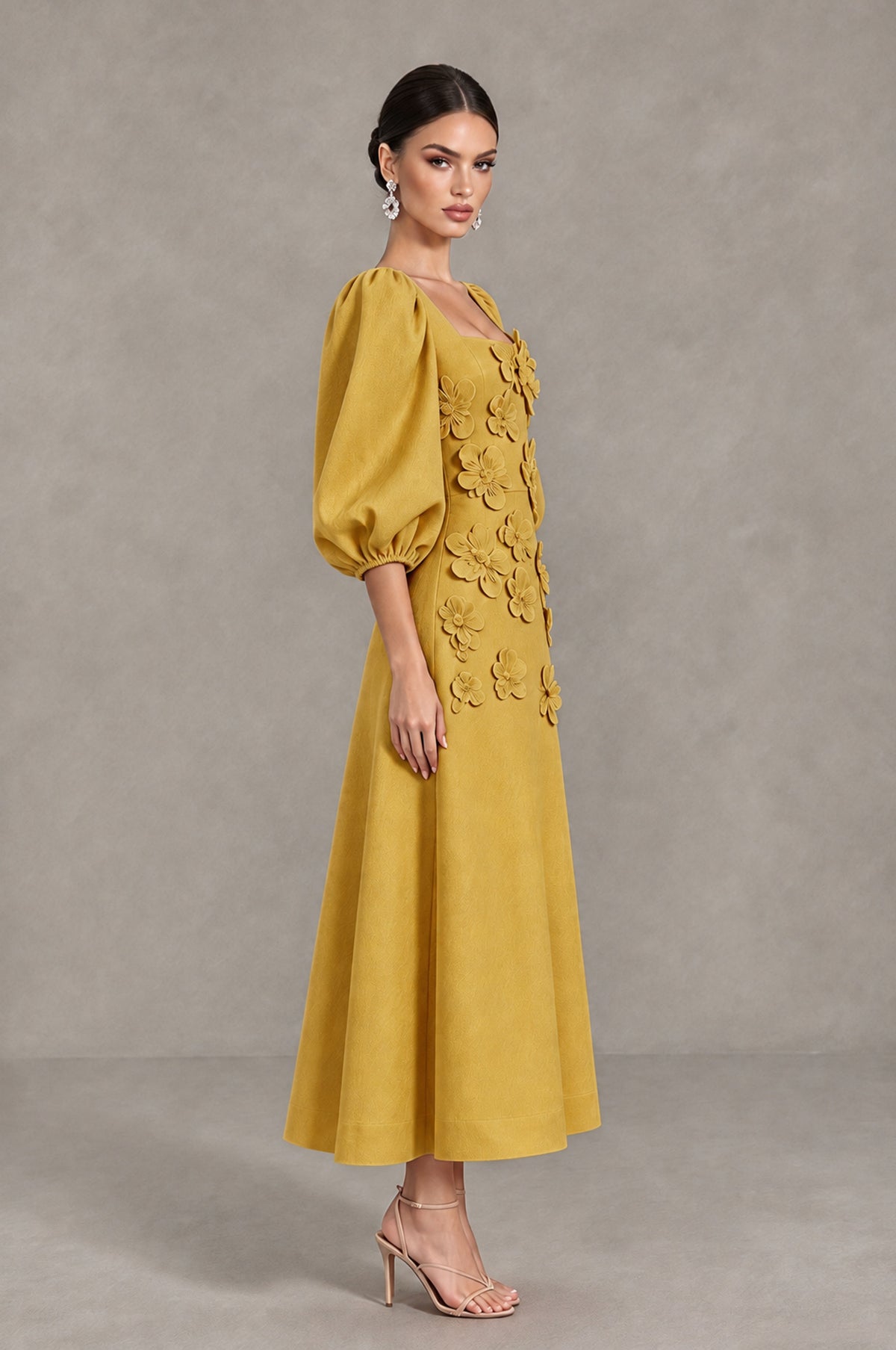 BOLODOO Gold 3D Floral Puff Sleeve Midi Cocktail Dress - Gold - Gold_4