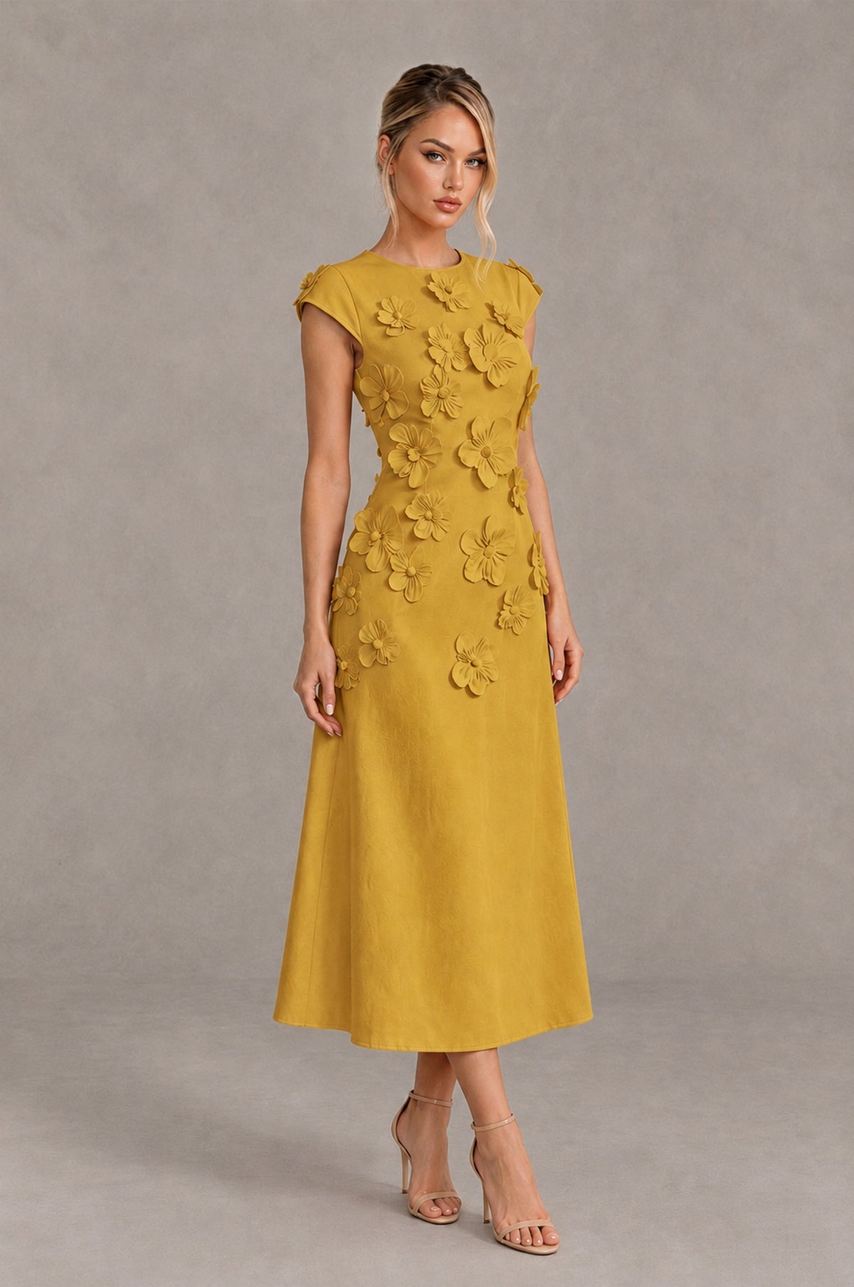 BOLODOO Gold 3D Floral Cap Sleeve Midi Cocktail Dress - Gold - Gold_4