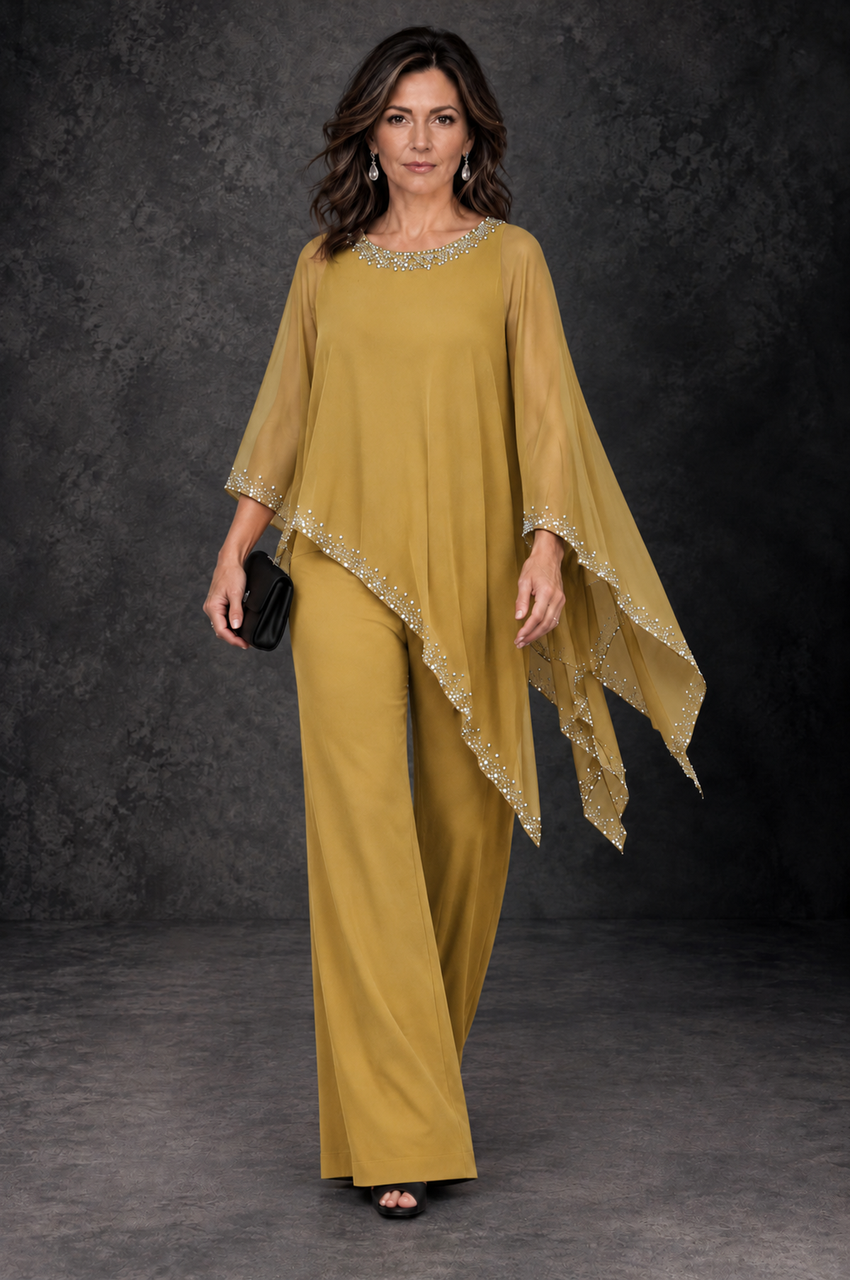 BOLODOO Gold Embellished Cape Mother of the Bride Pantsuit - Gold - Gold_4