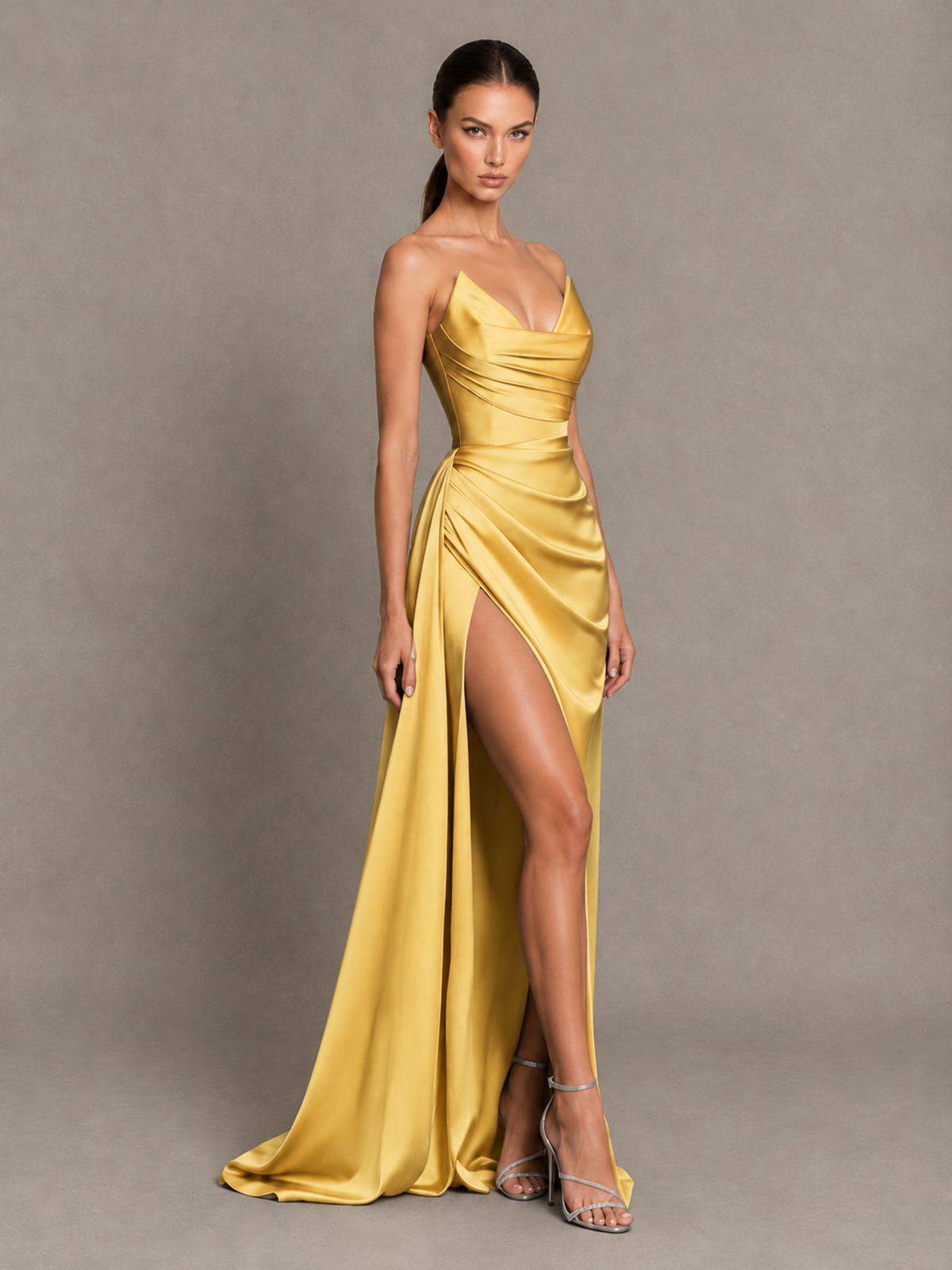 BOLODOO Gold Strapless Satin High-Slit Lace-Up Prom Dress - Gold - Gold_4