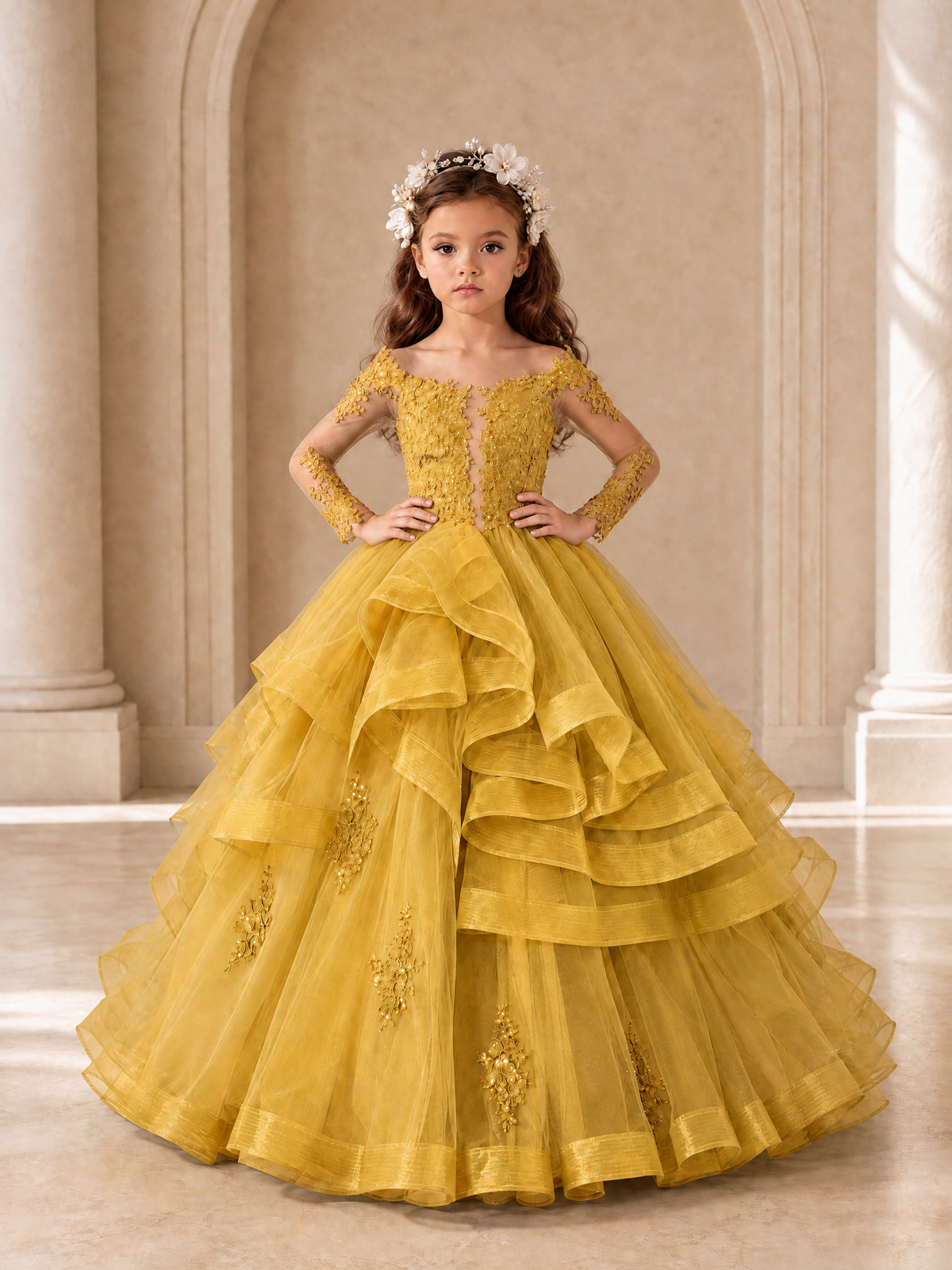 BOLODOO Gold Lace Long Sleeve Tiered Flower Girl Dress - Gold - Gold_4