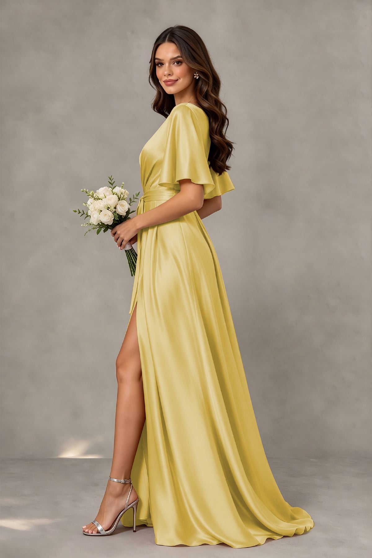 BOLODOO Gold Satin V-Neck Flutter Sleeve Bridesmaid Dress with Slit - Gold - Gold(4)