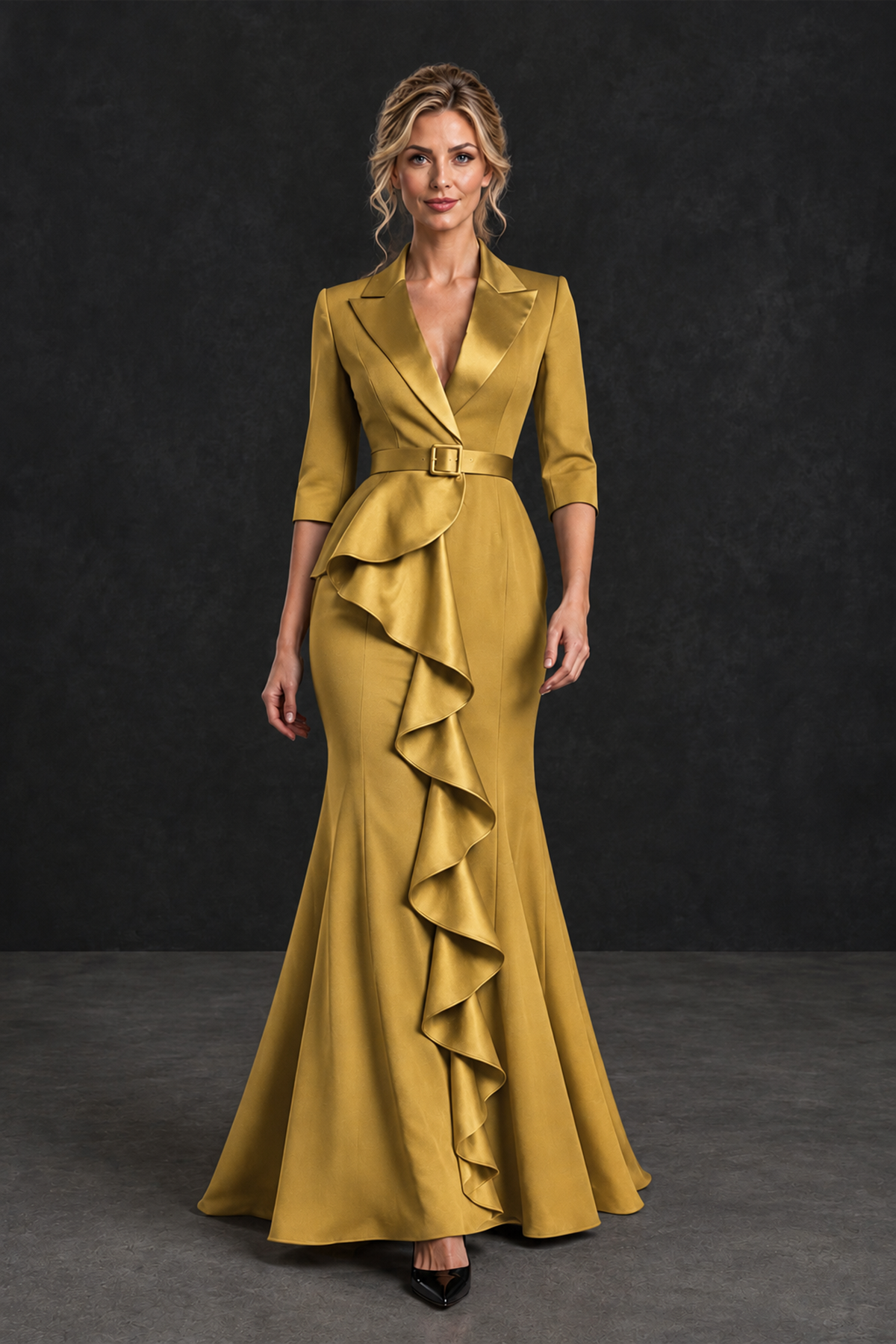 BOLODOO Gold Lapel Ruffle Mother of the Bride Dress with Belt - Gold - Gold_4