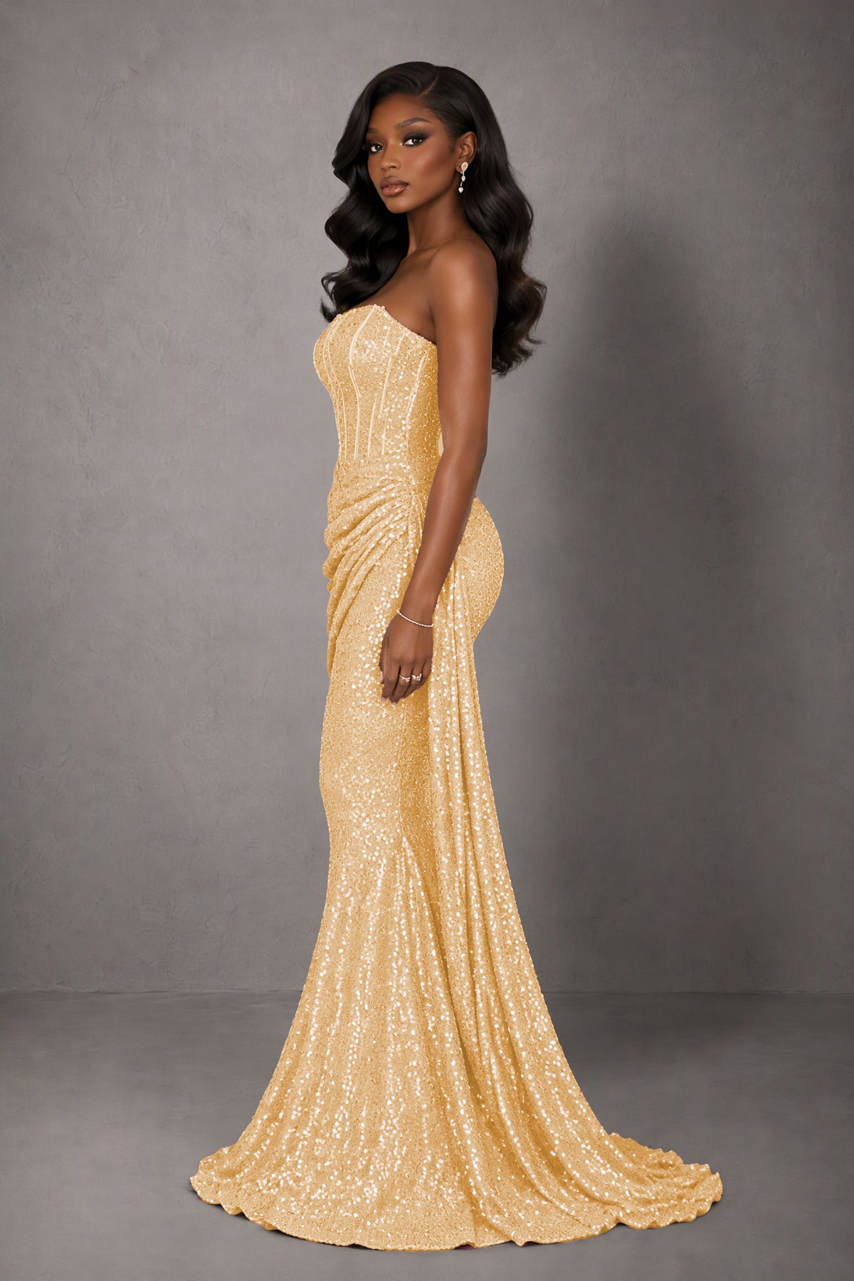 BOLODOO Gold Sequin Strapless Corset Mermaid Evening Gown with Train - Gold