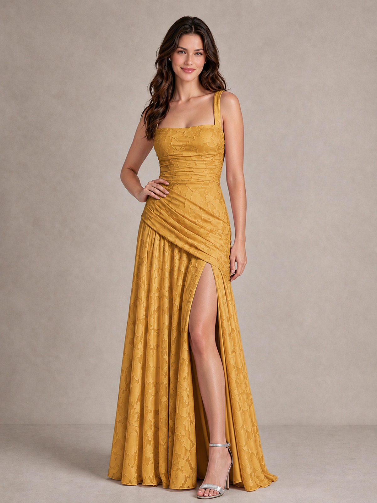 BOLODOO Gold Floral Jacquard Bridesmaid Dress with Square Neck, Lace-Up Back & High Slit - Gold - Gold_4