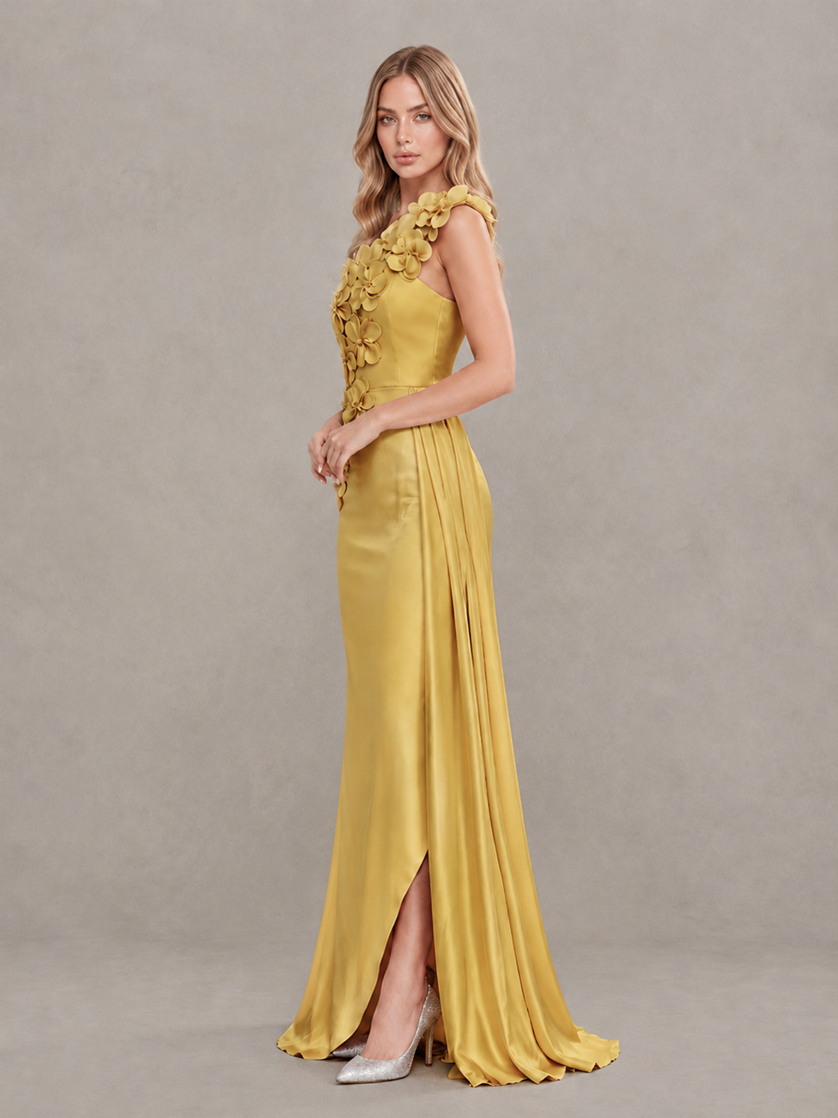 BOLODOO Gold One-Shoulder Satin Mermaid Evening Gown with 3D Floral Appliqué - Gold - Gold_4