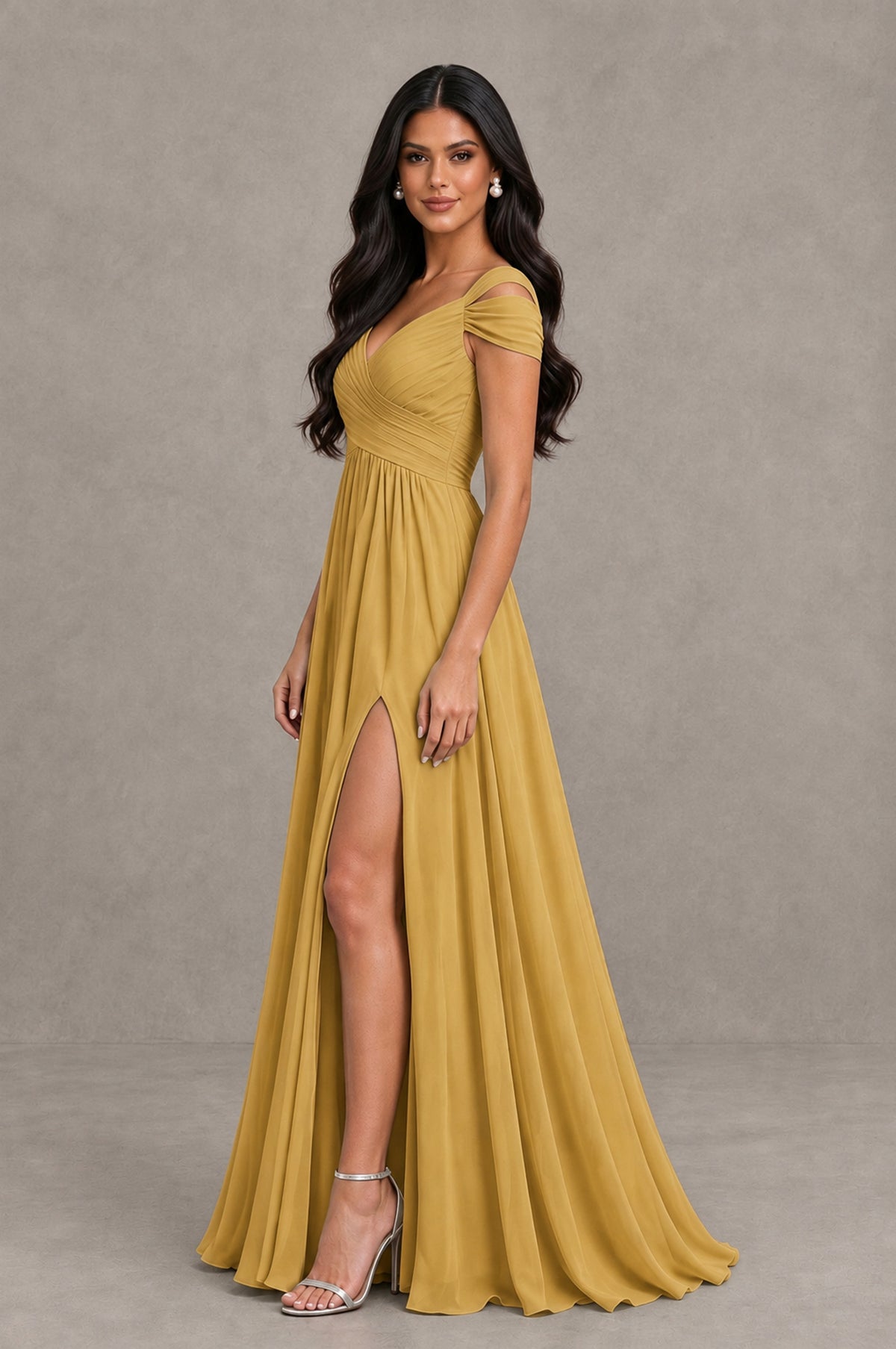 BOLODOO Gold Cold Shoulder Chiffon Evening Dress with V Neck and High Slit - Gold - Gold_4