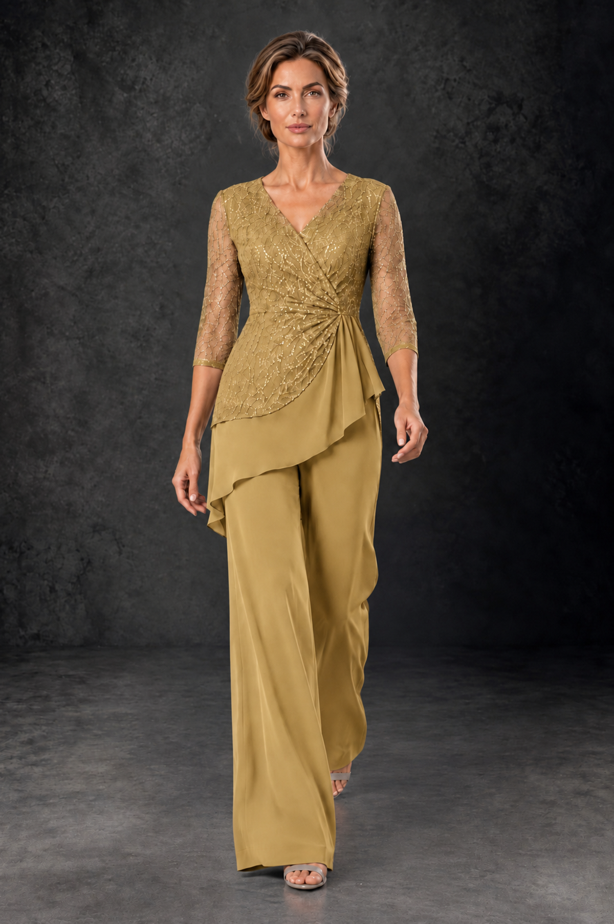 BOLODOO Gold Sequin Lace 3/4 Sleeve Chiffon Mother of the Bride Pant Suit - Gold - Gold_4