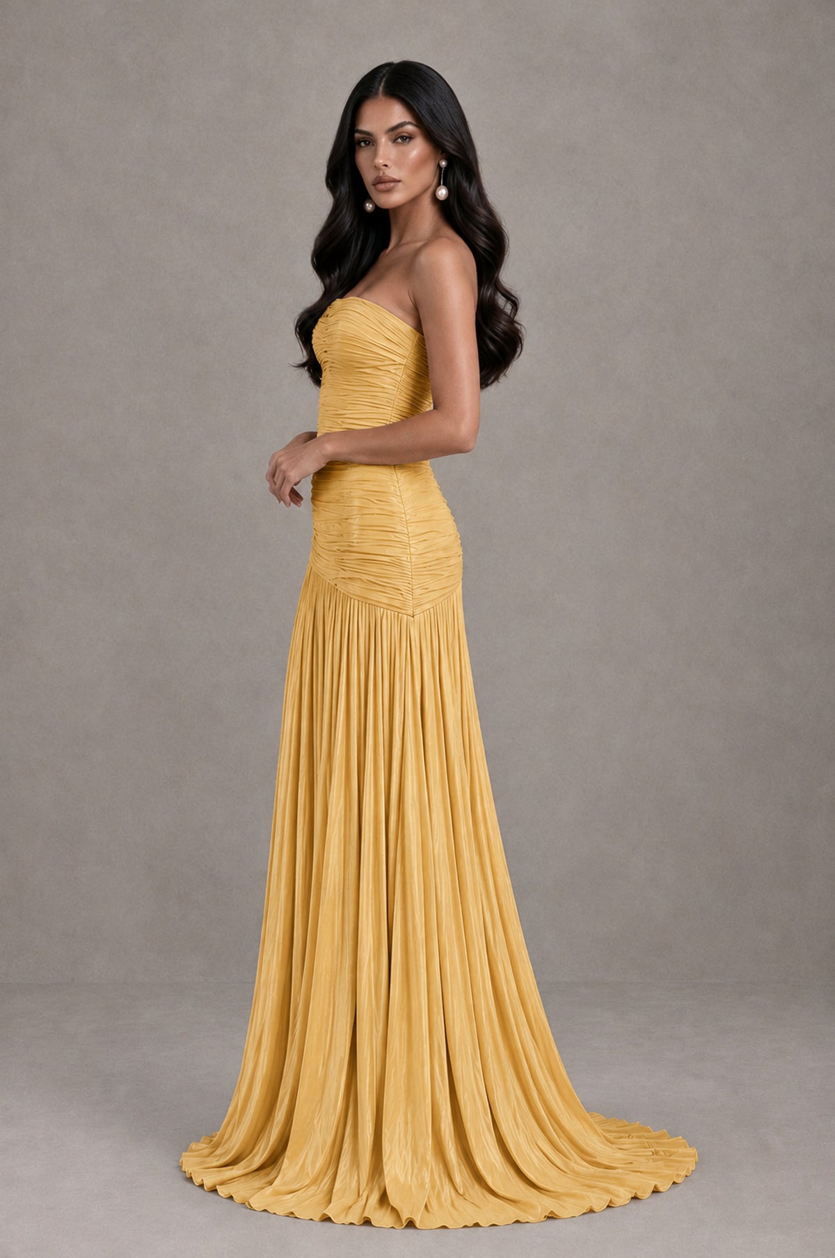 BOLODOO Gold Metallic Ruched Strapless Pleated A-Line Backless Maxi Dress with Train - Gold - Gold_4