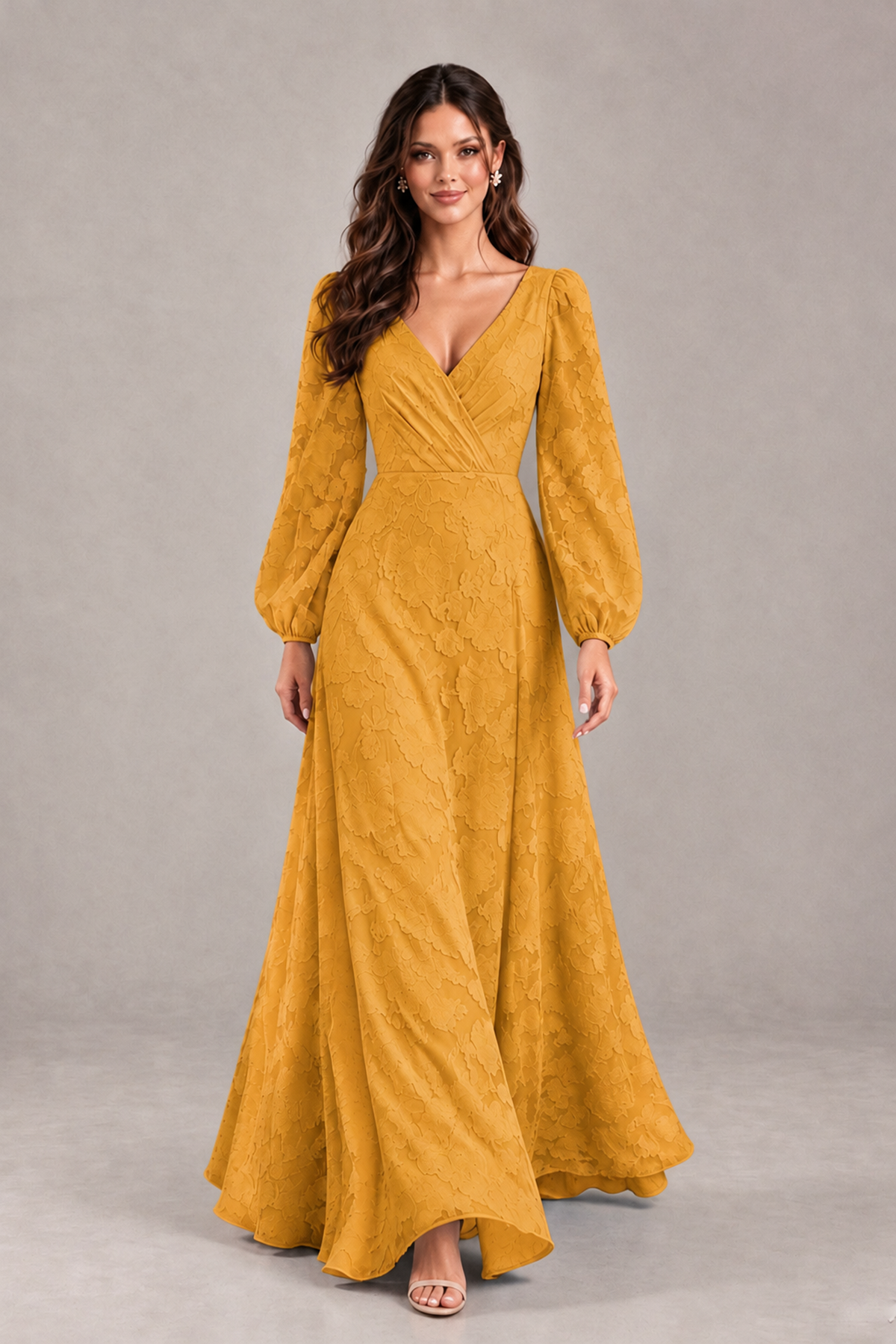 BOLODOO Gold Long Sleeve V-Neck A-Line Mother of the Bride Dress - Gold - Gold_4