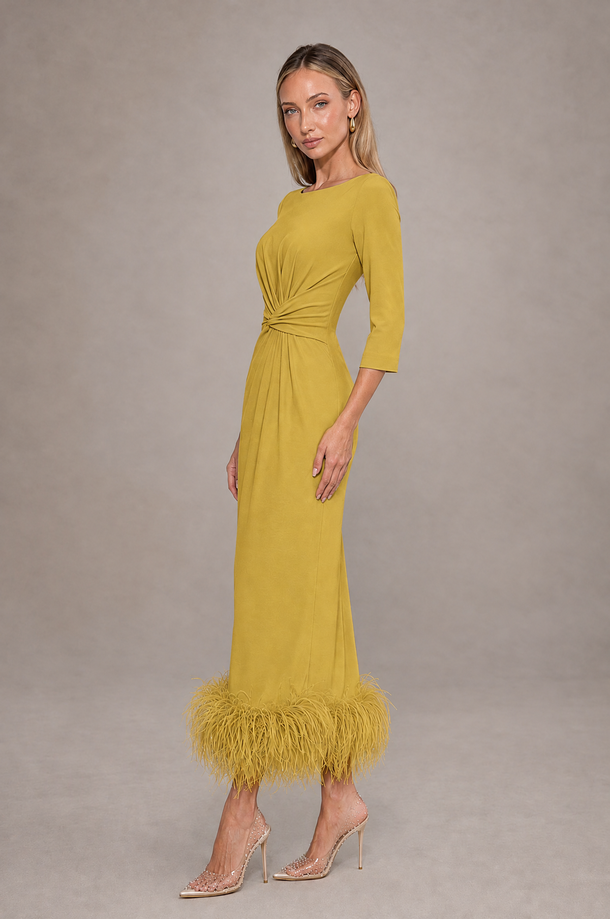 BOLODOO Gold Feather-Trim Twist-Waist Midi Dress - Gold - Gold_4