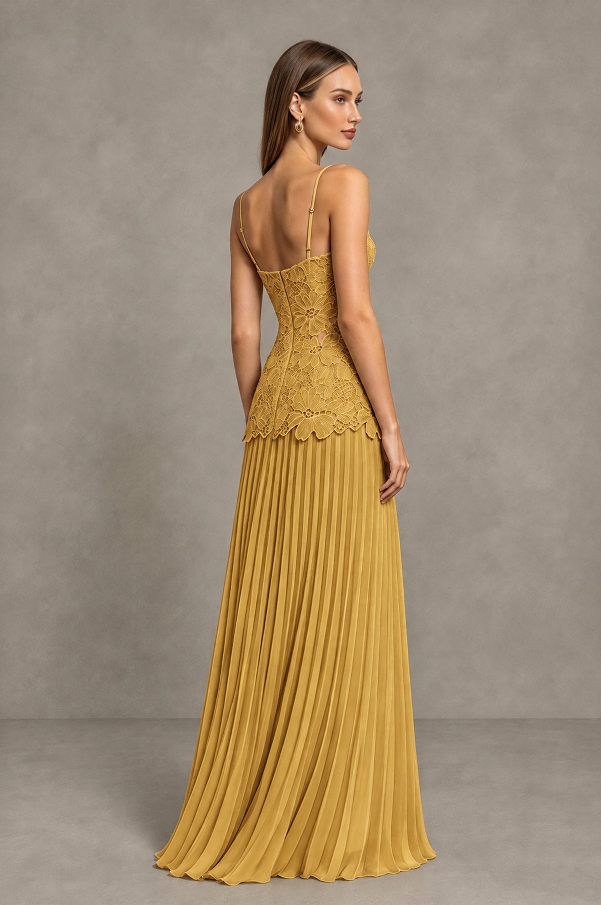 BOLODOO Gold Lace Bodice Pleated Wedding Guest Dress - Gold - Gold_4