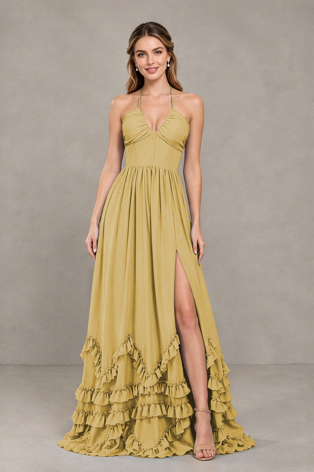 BOLODOO Gold Halter Ruffle Hem A-Line Bridesmaid Dress with High Slit - Gold - Gold(4)