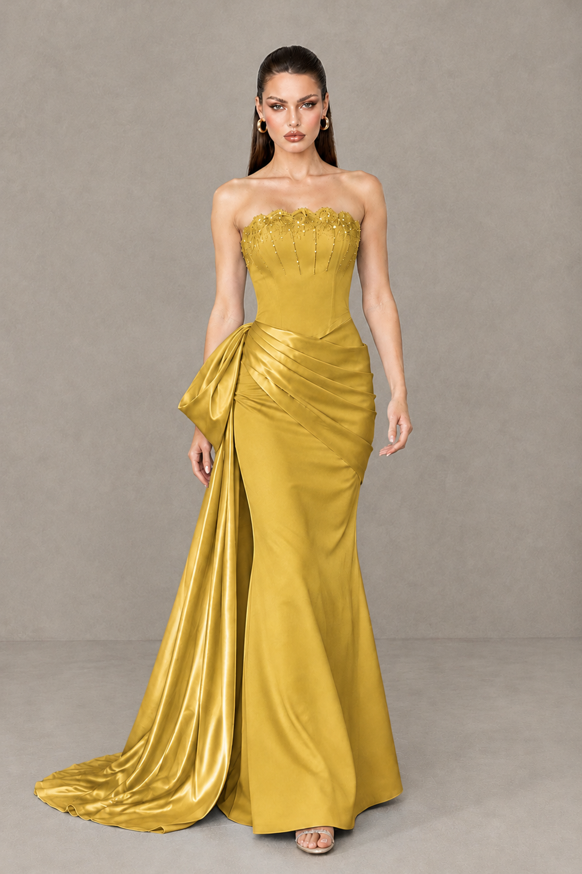 BOLODOO Gold Strapless Satin Prom Dress with Draped Side Train - Gold - Gold_4