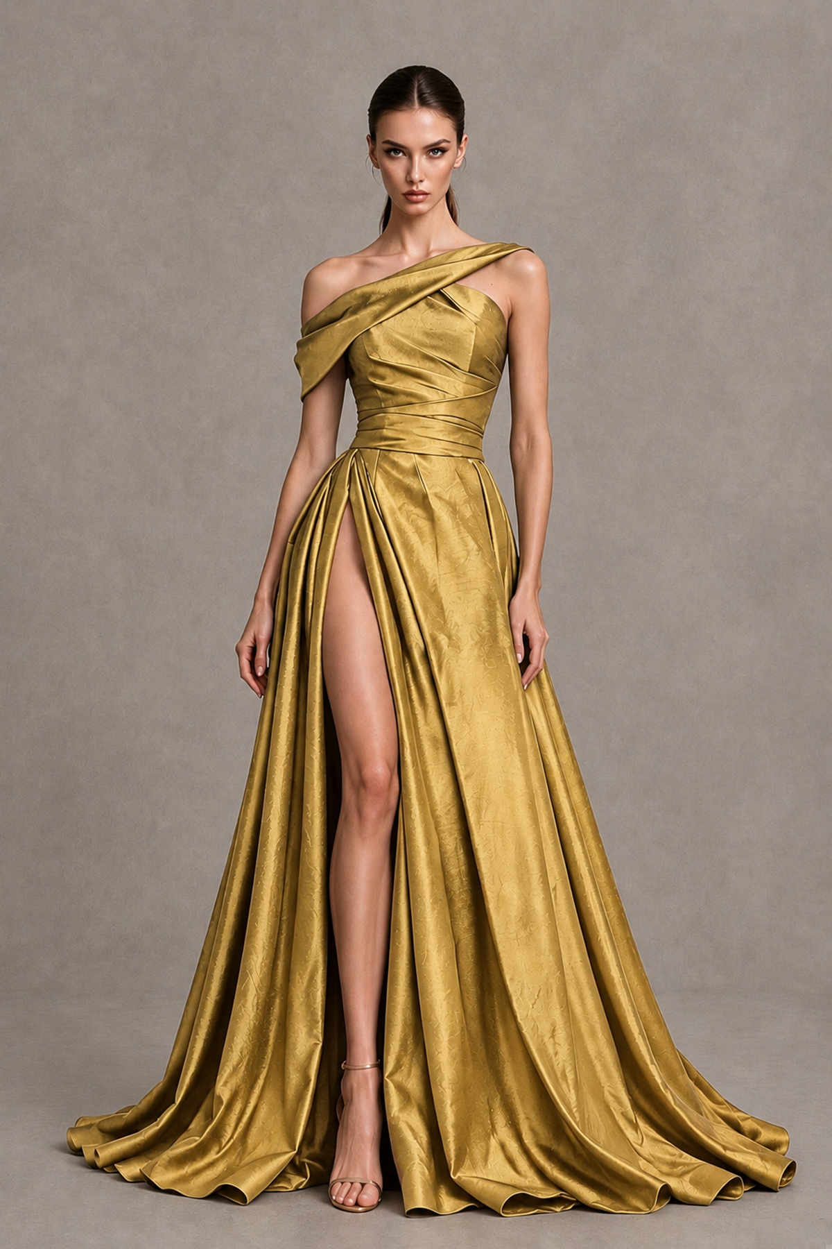 BOLODOO Gold Asymmetric Satin-Look A-Line Prom Dress with High Slit - Gold - Gold_4