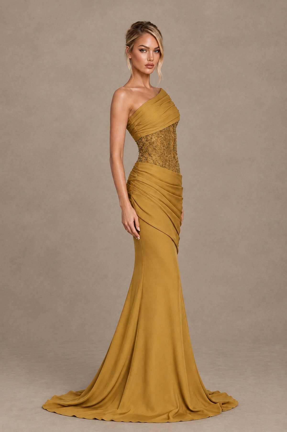 BOLODOO Gold One-Shoulder Sequin Embroidered Ruched Mermaid Gown with Train - Gold - Gold_4