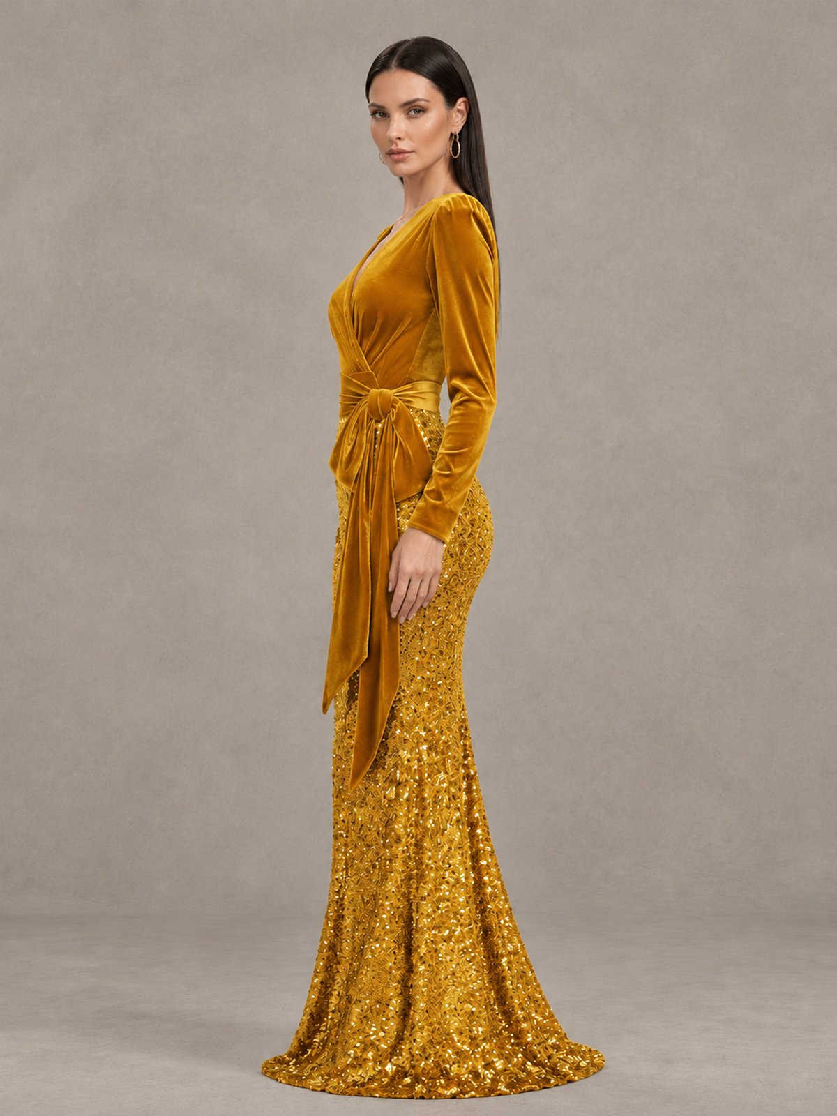 BOLODOO Gold Velvet & Sequin Long Sleeve V-Neck Mermaid Evening Gown - Gold - Gold_4